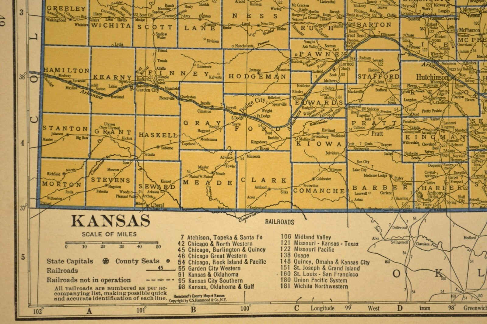 ca1939 KANSAS Railroad Map Depot Towns UP RR Historic Original Atlas Map