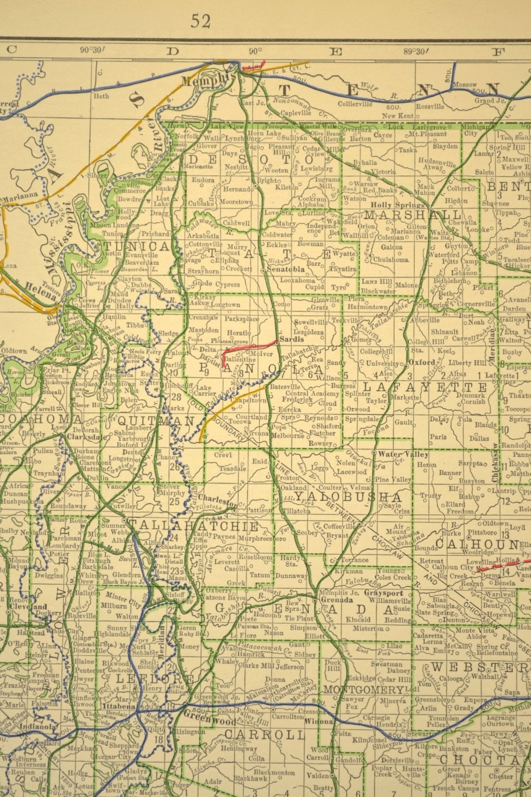 1914 Antique Map of MISSISSIPPI Railroads Map ORIGINAL Atlas Map IC RR DATED