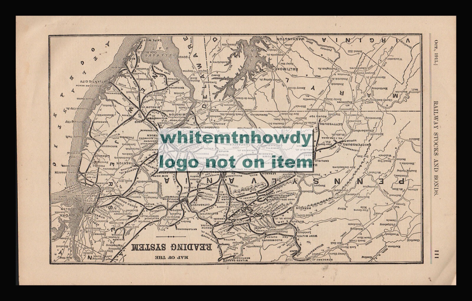 1911 READING SYSTEM Railroad MAP Original, Old Vintage Map Page