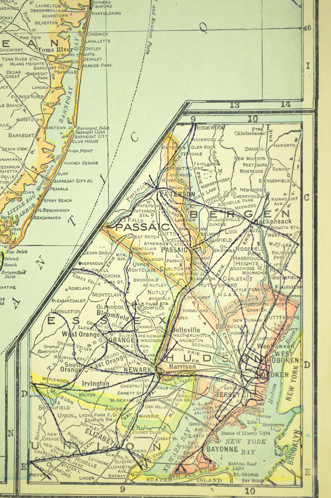 Vintage NEW JERSEY Map Wall Art Decor Electric Railway Old Original 1920s Newark