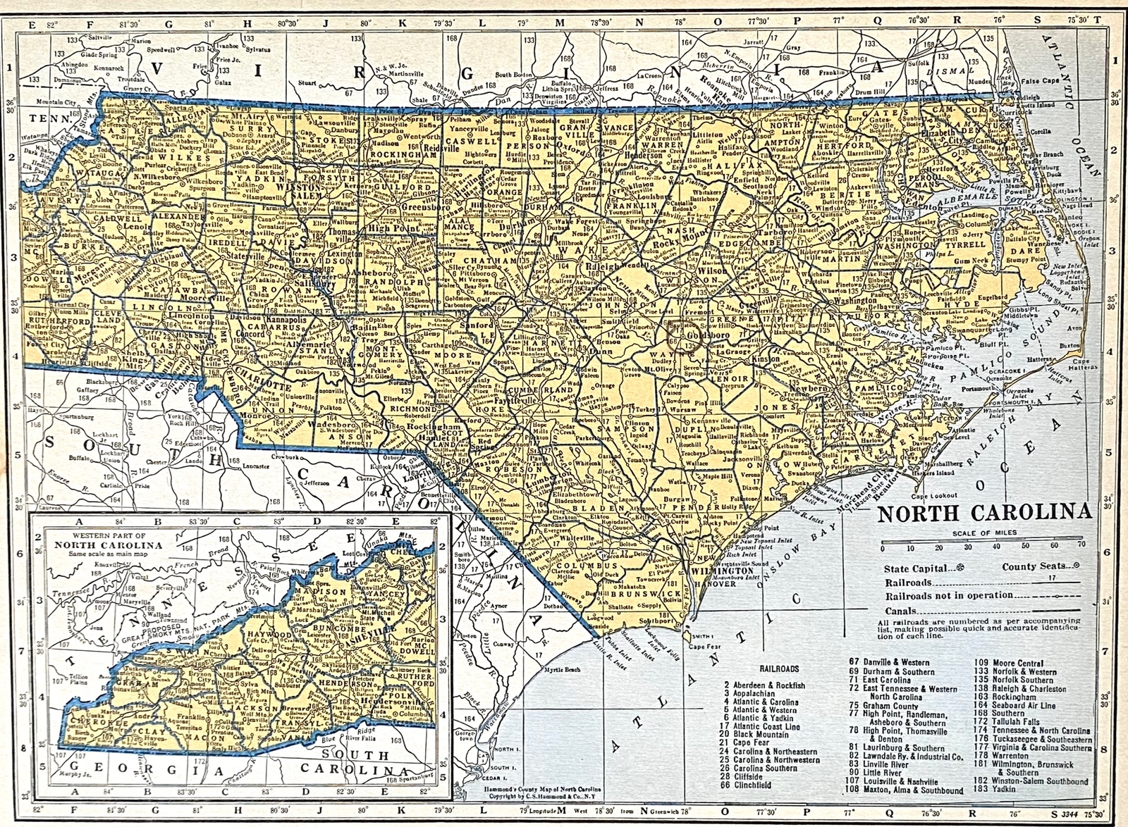 NORTH CAROLINA & NEW YORK c 1935 County & Railroad Maps. Hammond & Co. 9×12″