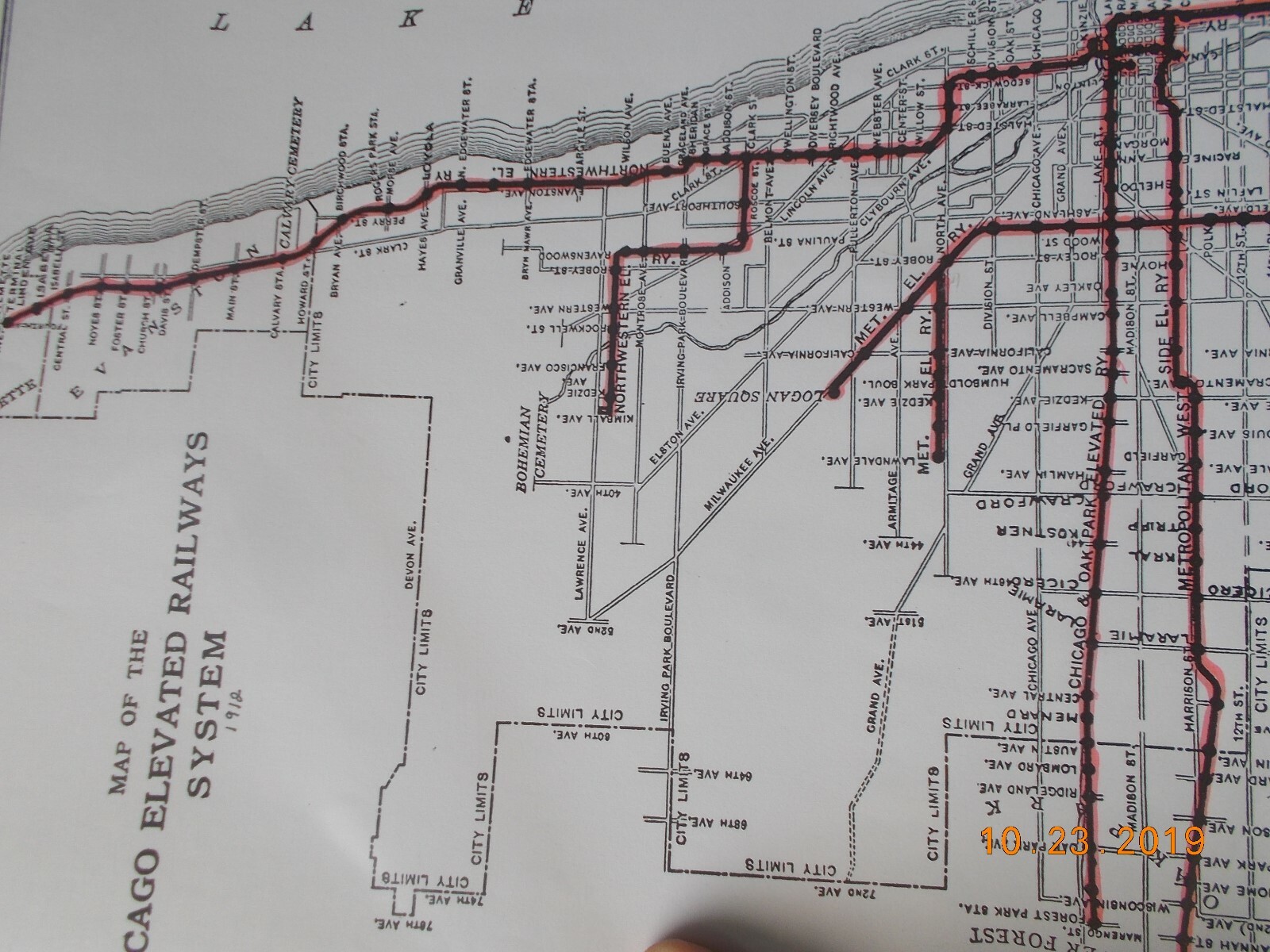 Chicago Elevated Railways System Facsimilie Map dated 1912
