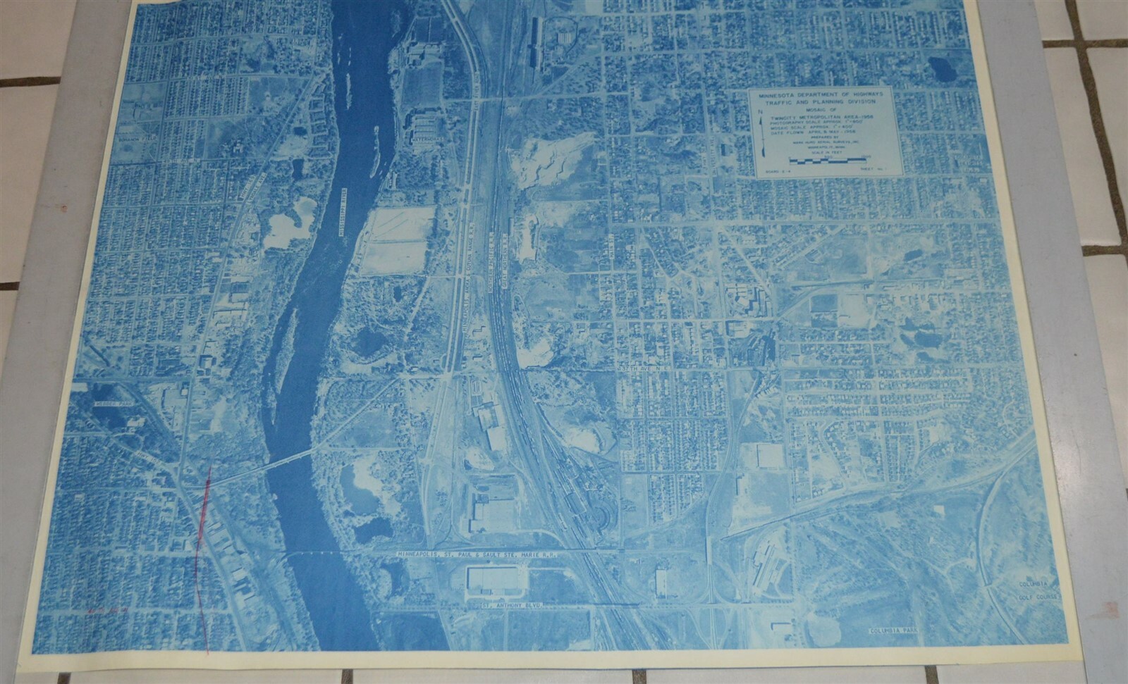 1958 Minnesota Hwy Dept Minneapolis Map N & NE Columbia Heights Railroad Yards