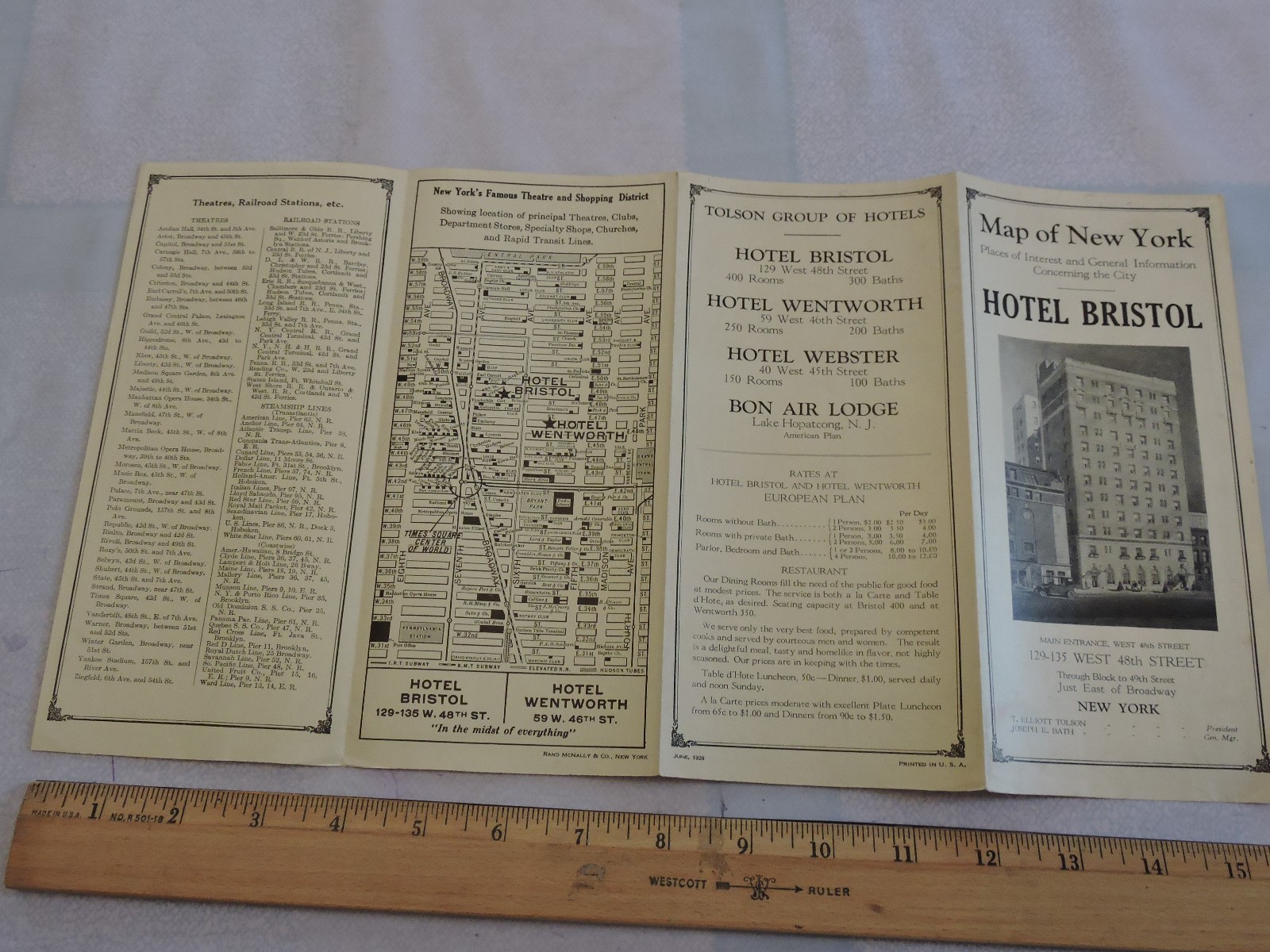 Rare 1929 New York City NYC Hotel Bristol Railroad 8.5×16 Map Subway Transit