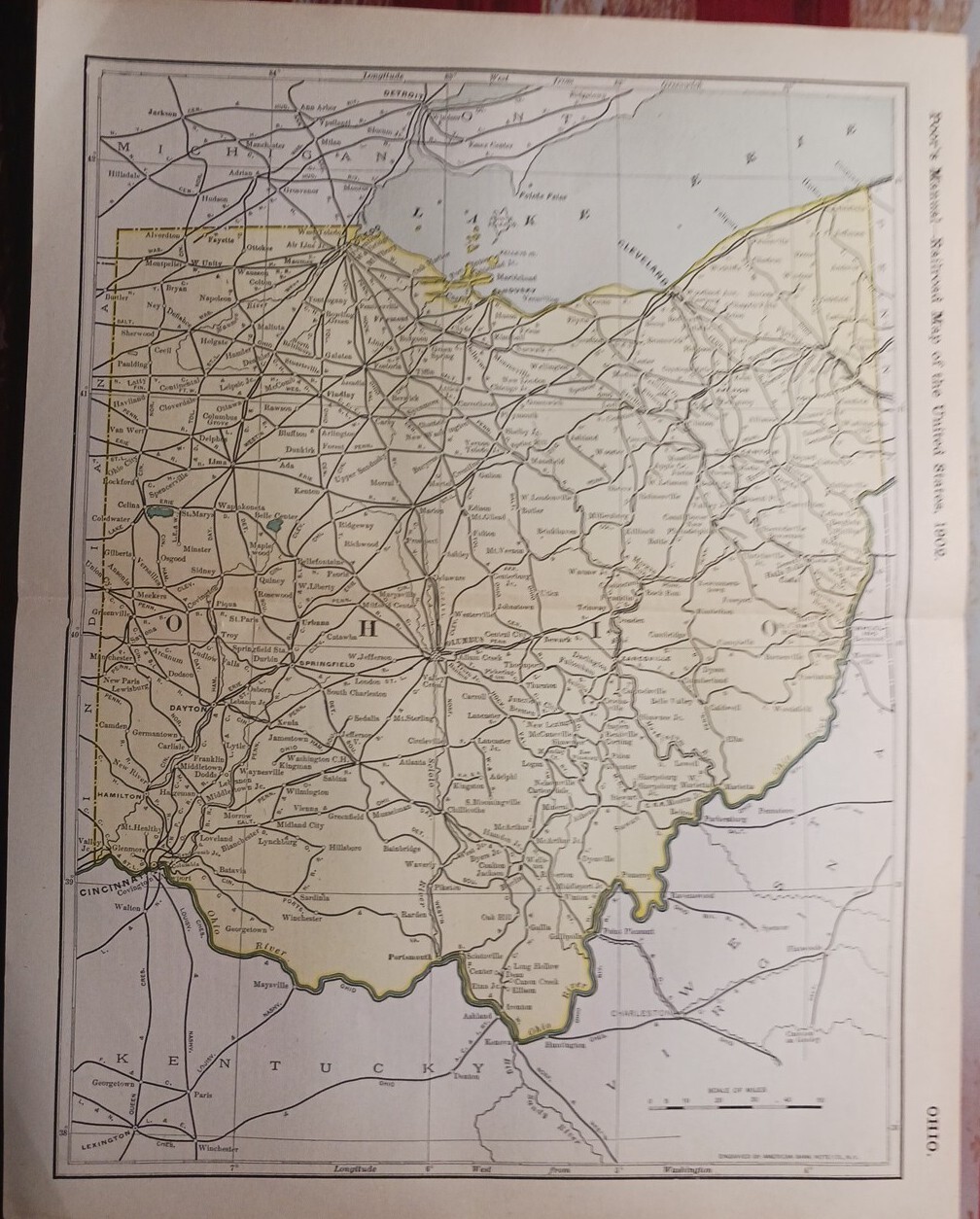 1902 Train Route Map OHIO All Railroad Lines Stations Towns 11×9″ Dated ORIGINAL