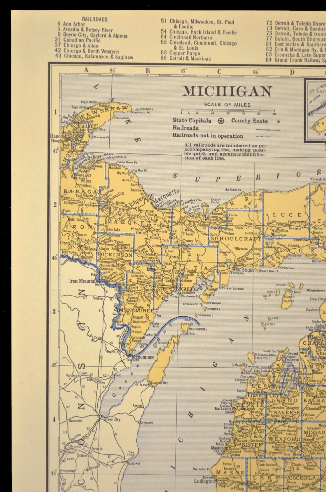 ca1939 MICHIGAN Railroad Map Depot Towns SP RR Historic Original Atlas Map