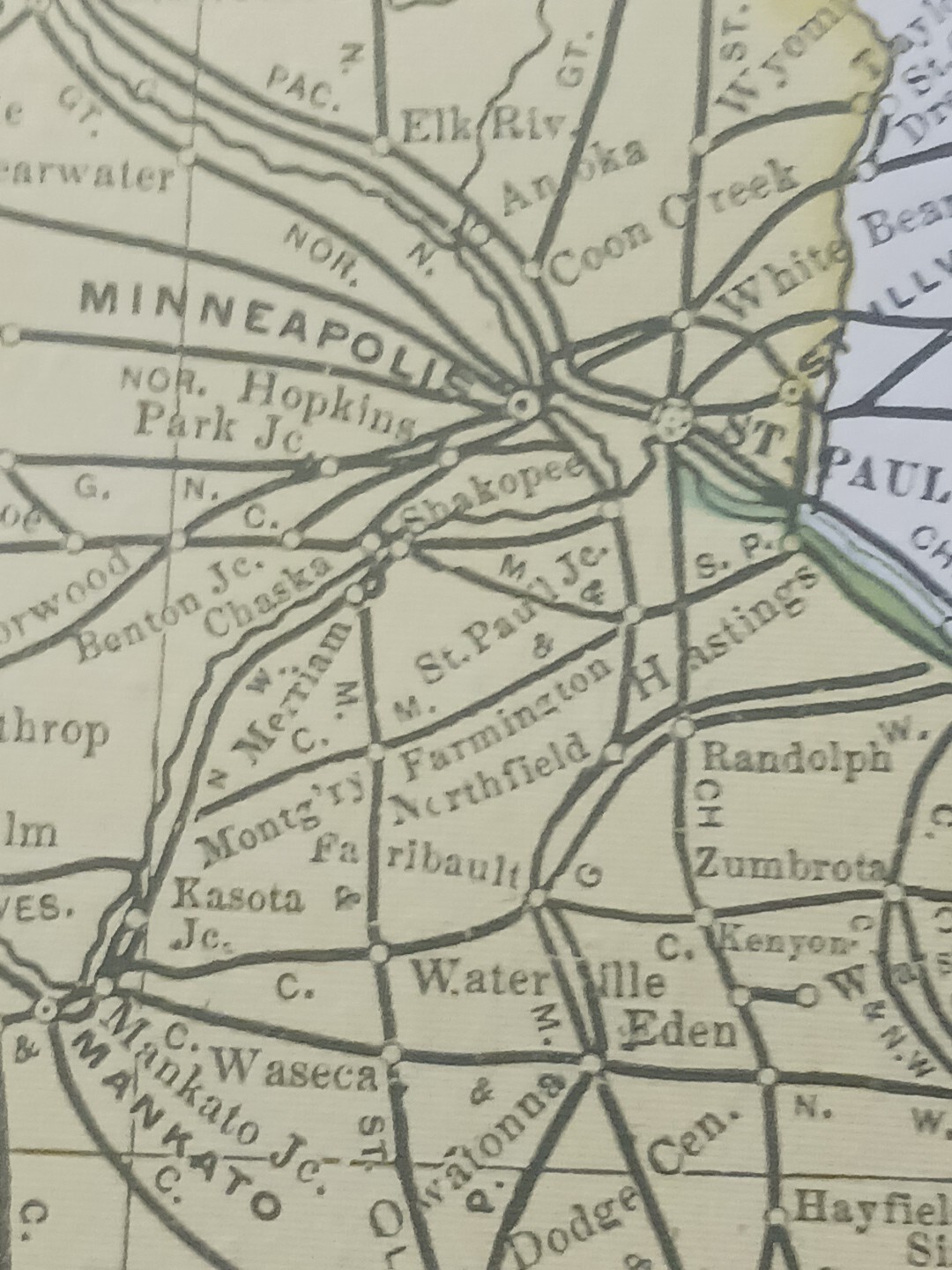 1906 Dated Train Route Map Minnesota Dakotas All Railroad Lines Stations 11″×9″