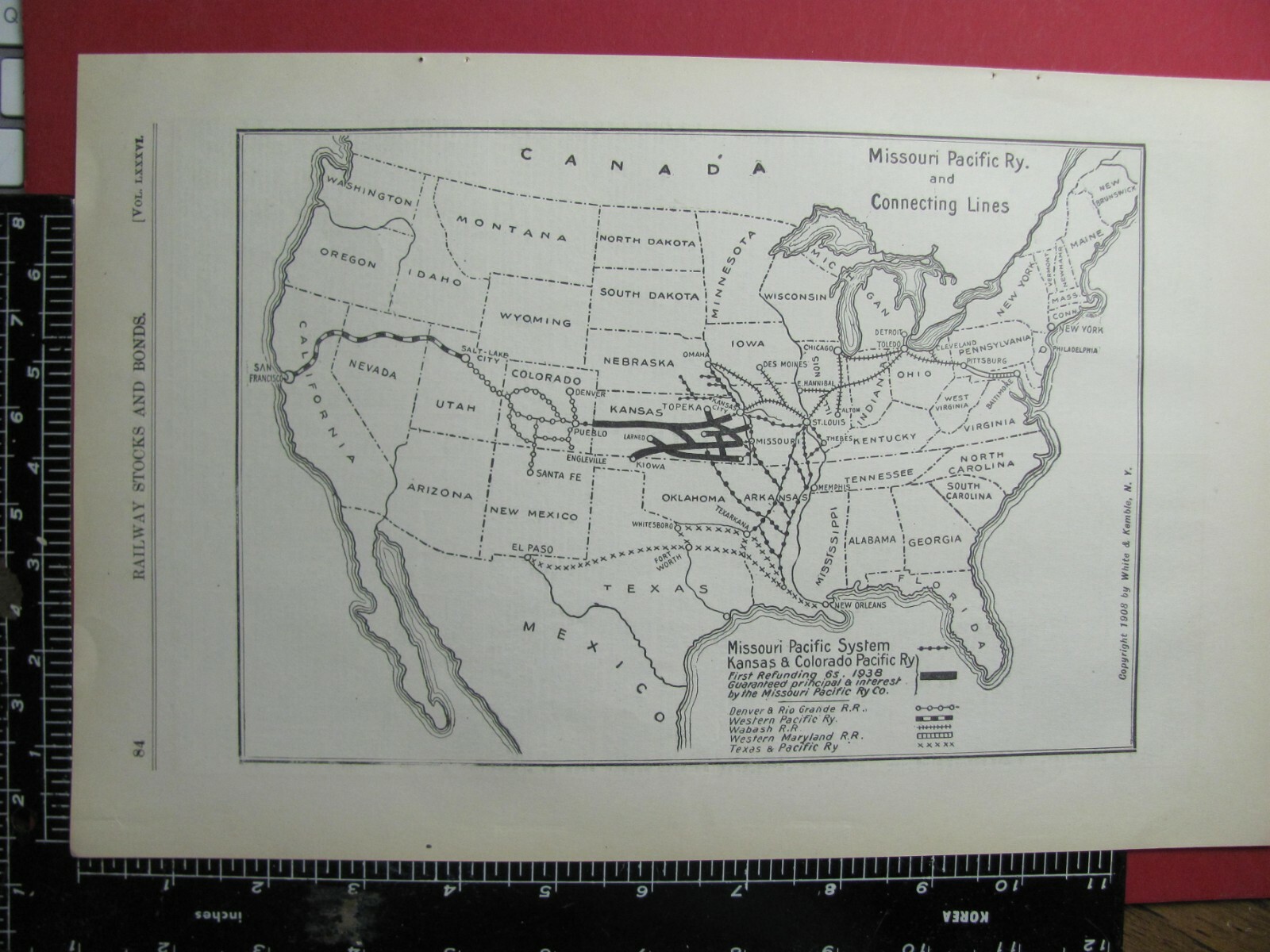 ORIG 1908 MISSOURI PACIFIC RAILROAD SYSTEM MAP & CONNECTING LINES