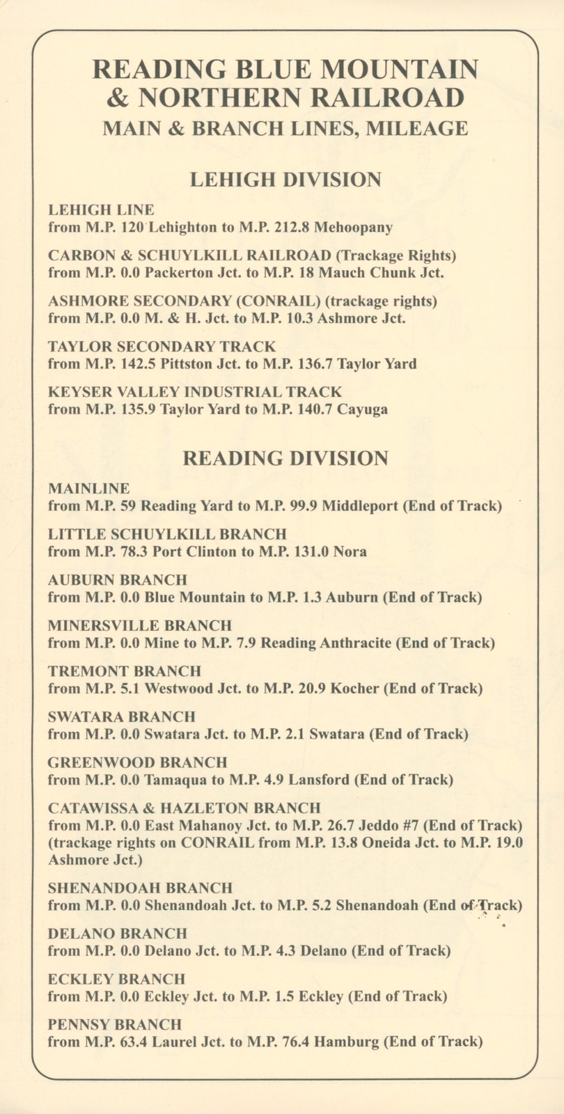 c1990 Reading Blue Mountain Railroad System Map Brochure Anthracite Road Train