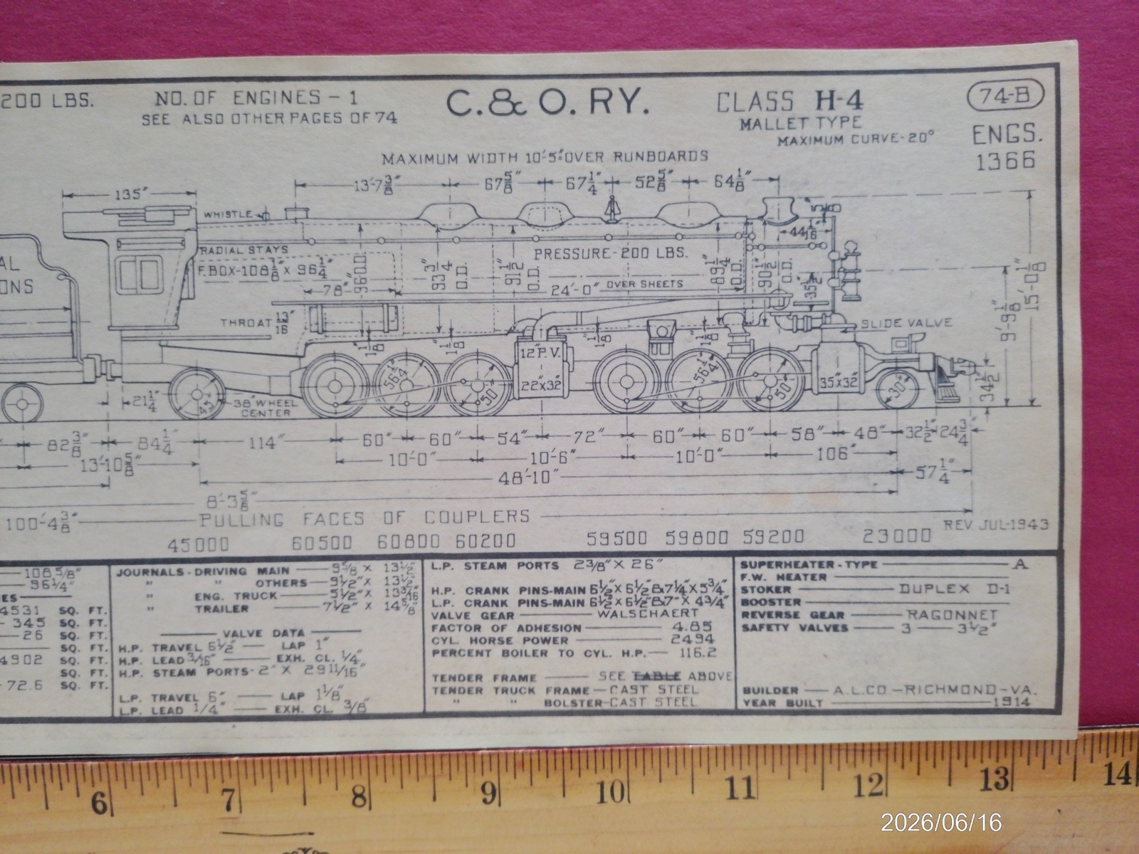 CHESAPEAKE & OHIO RAILROAD ORIG PRINTED DIAGRAM CLASS H-4 LOCOMOTIVE #1366