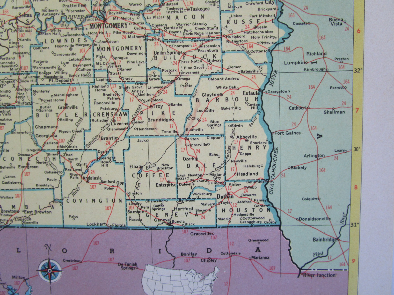 AL AZ Vintage 1952 ALABAMA RAILROAD Map. CHATTAHOOCHEE VALLEY RR or ARIZONA