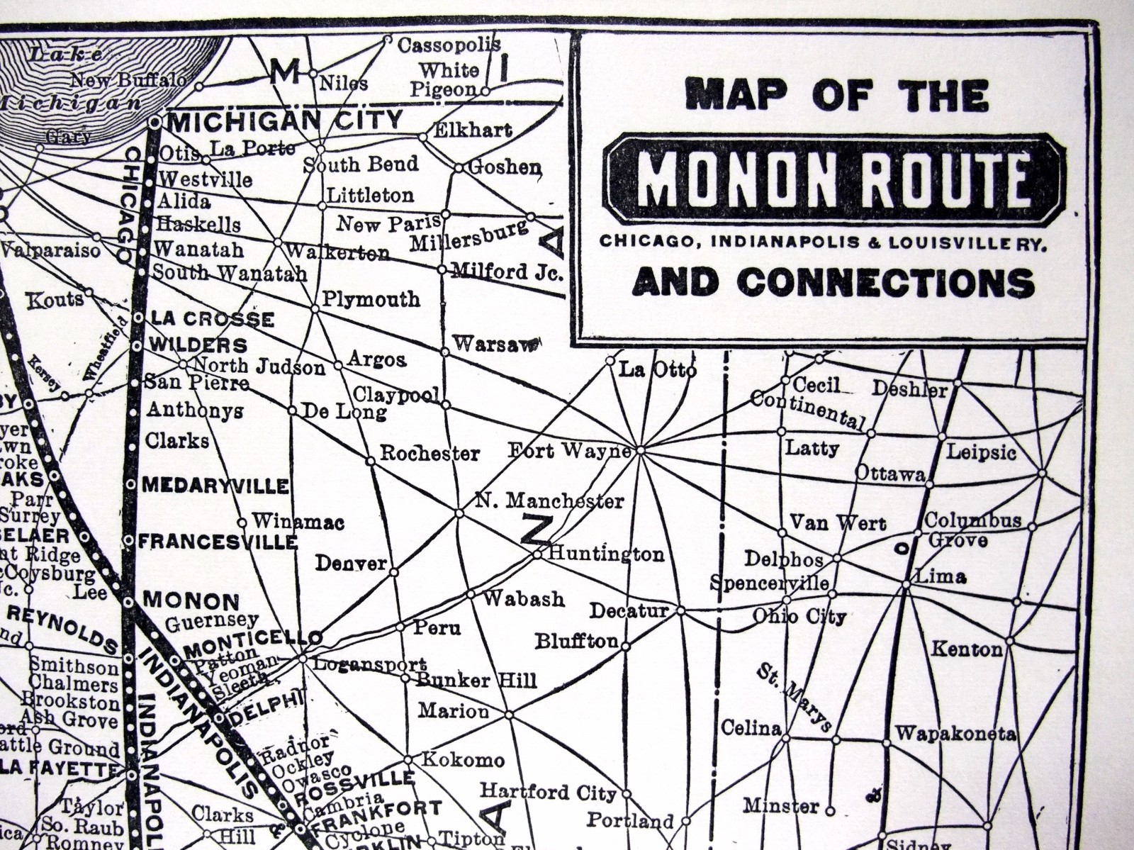Monon Route – Original 1941 Railroad System Map. Vintage Railway