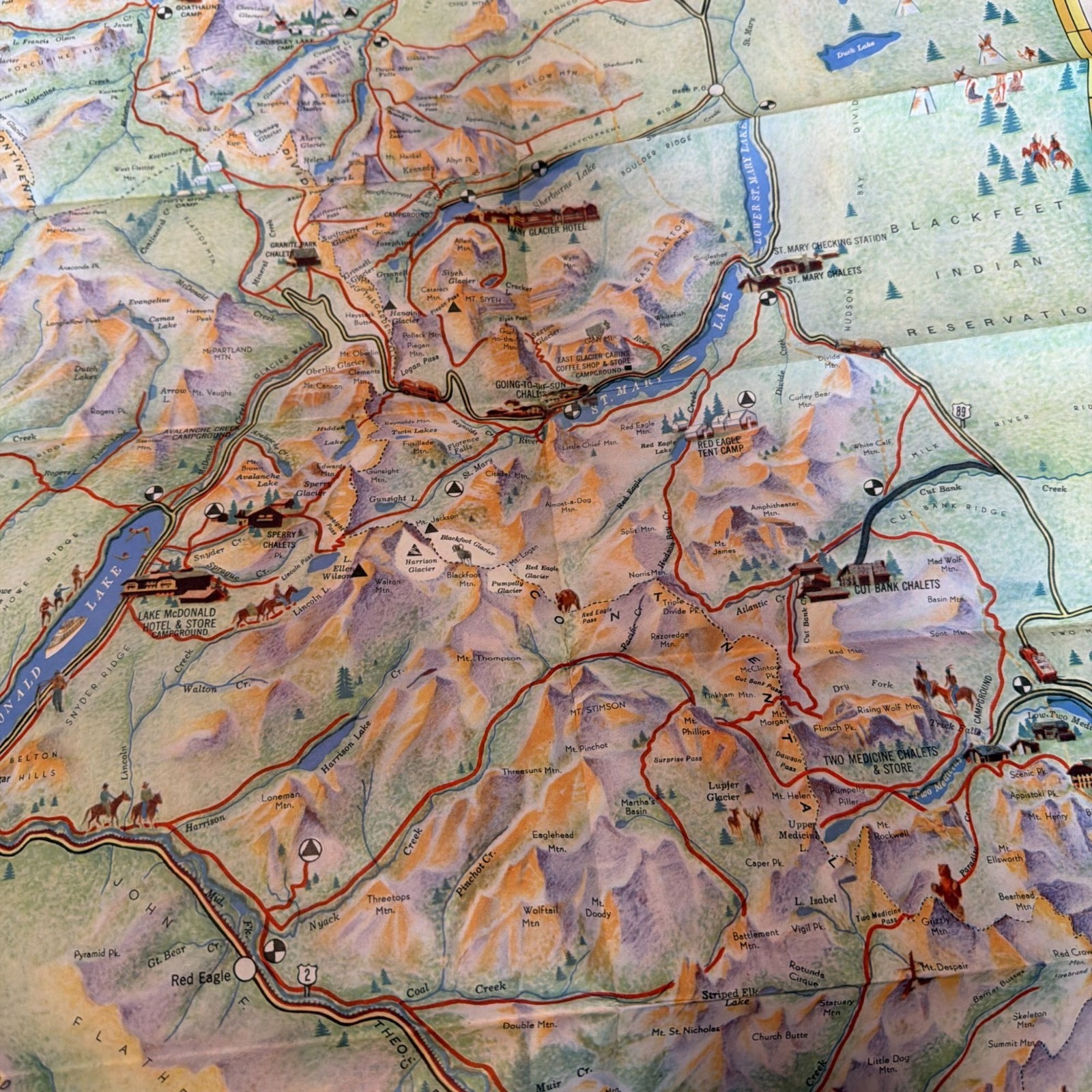 Vintage 1939 Great Northern Railway Pictorial Map Glacier National Park Waterton