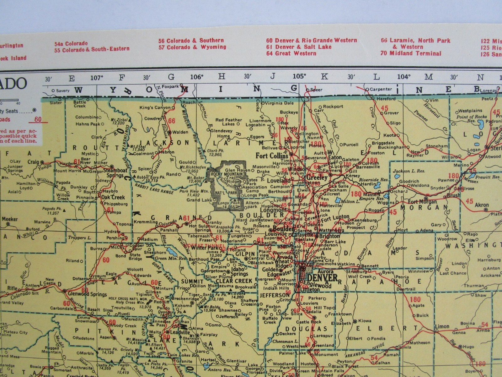 CT CO 1948 CONNECTICUT RAILROAD Map. ~or~ COLORADO Railway Map 1950s Mid Century