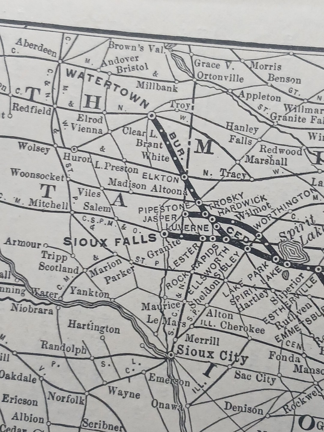 1901 RAILROAD MAP Burlington Cedar Rapids & Northern Railway all Train Routes