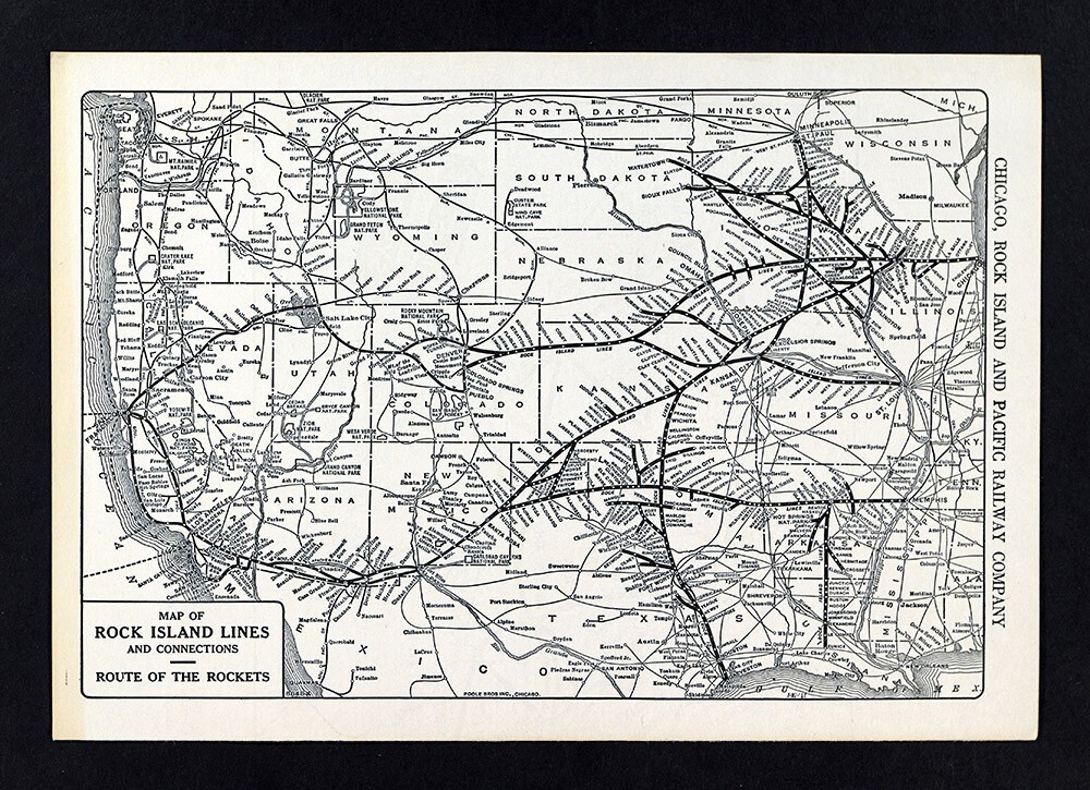 1941 Poole Bros Railroad Map Rock Island Rockets Chicago Pacific Railways RR