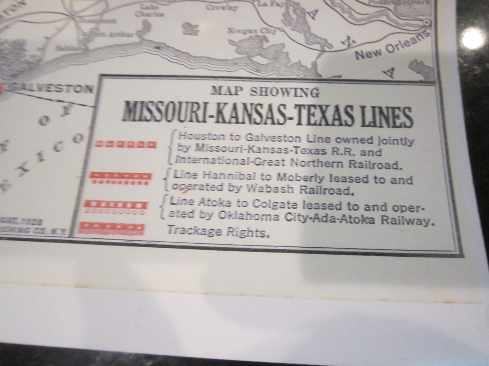 1928 MAP OF MISSOURI KANSAS TEXAS LINES RAILROAD – 17″ X 11″ – HEAVY STOCK PAPER