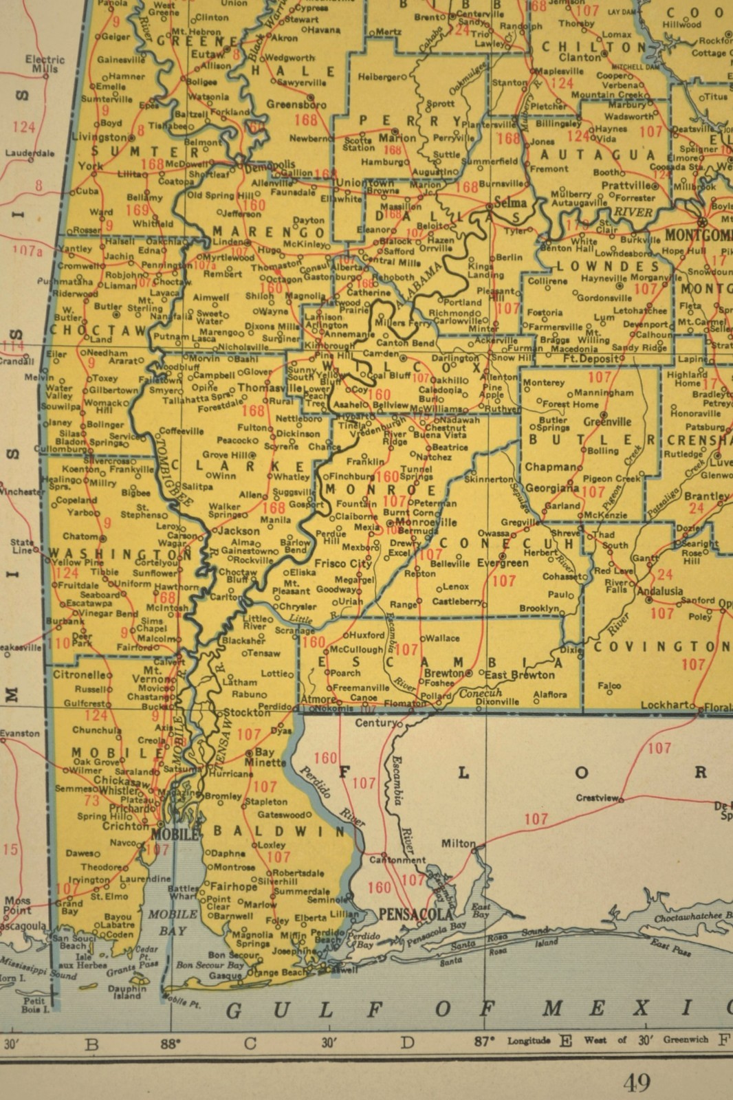 Vintage ALABAMA Map Railroad Depot Towns Birmingham Louisville & Nashville RR