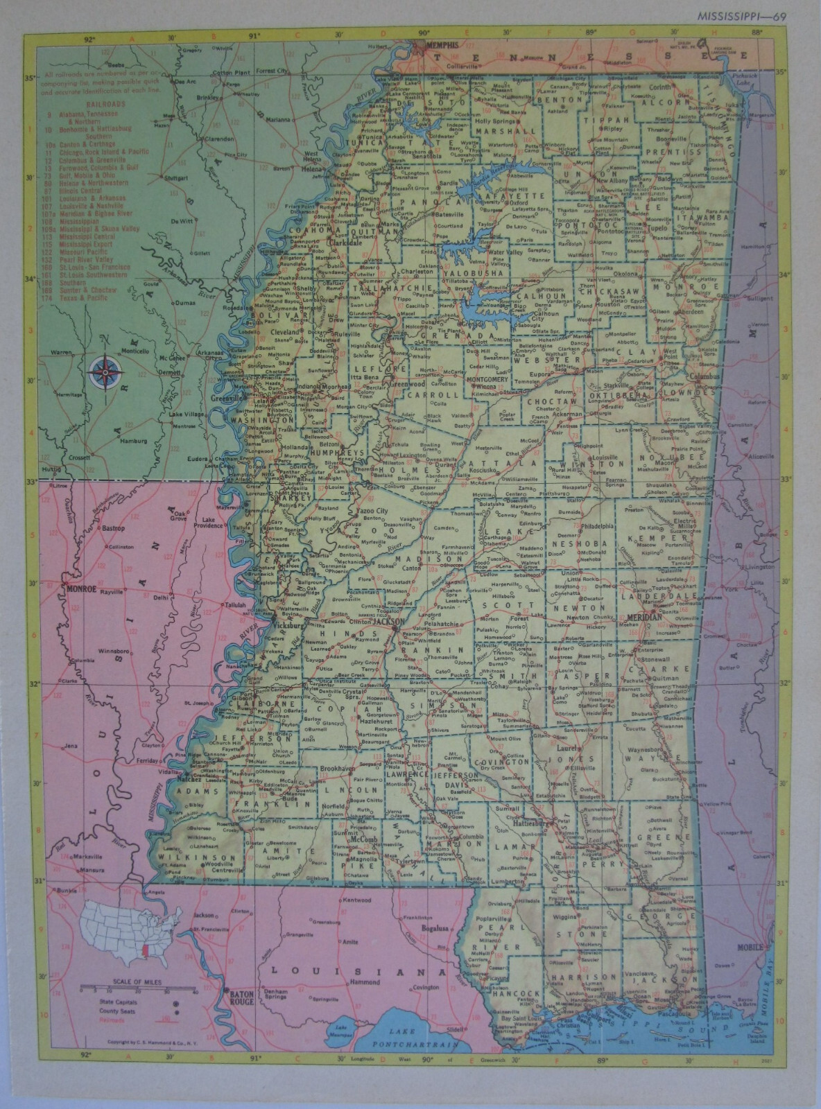 MS MO 1953 MISSISSIPPI RAILROAD Map CANTON & CARTHAGE RR or MISSOURI 1950s WAB