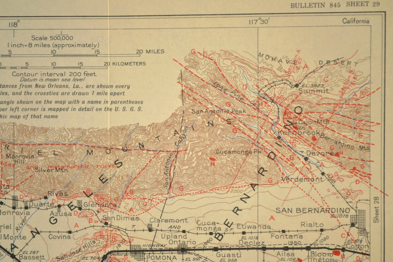 Vintage Southern Pacific Railroad Map LA California San Bernardino Fault Lines