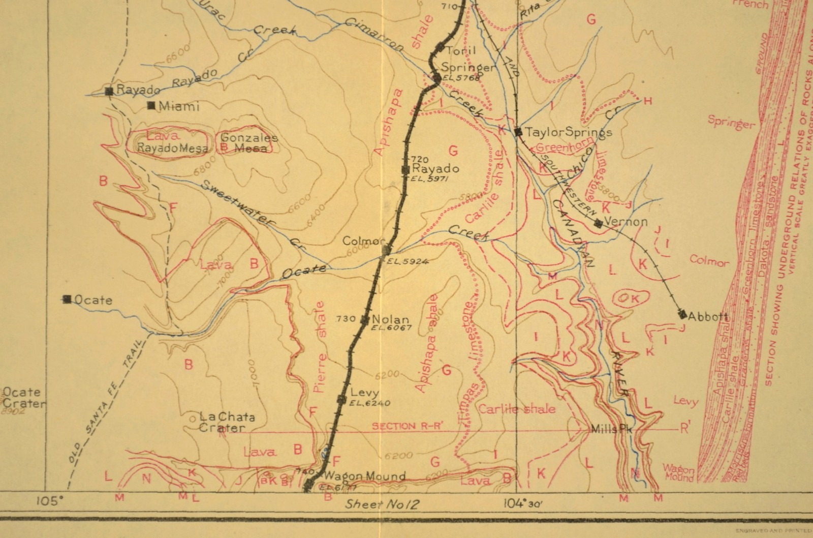 1915 Antique Santa Fe Railroad Map Line Rayado New Mexico Cimarron NM Geological