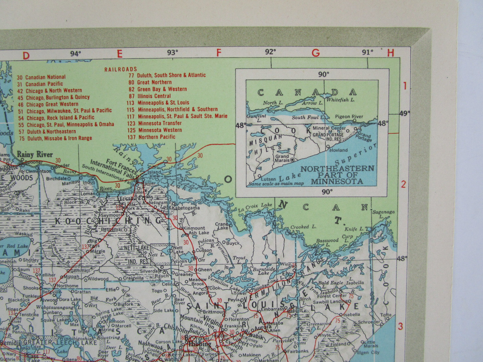 MN MI 1951 MINNESOTA RAILROAD Map DULUTH, SOUTH SHORE, & ATLANTIC RR or MICHIGAN