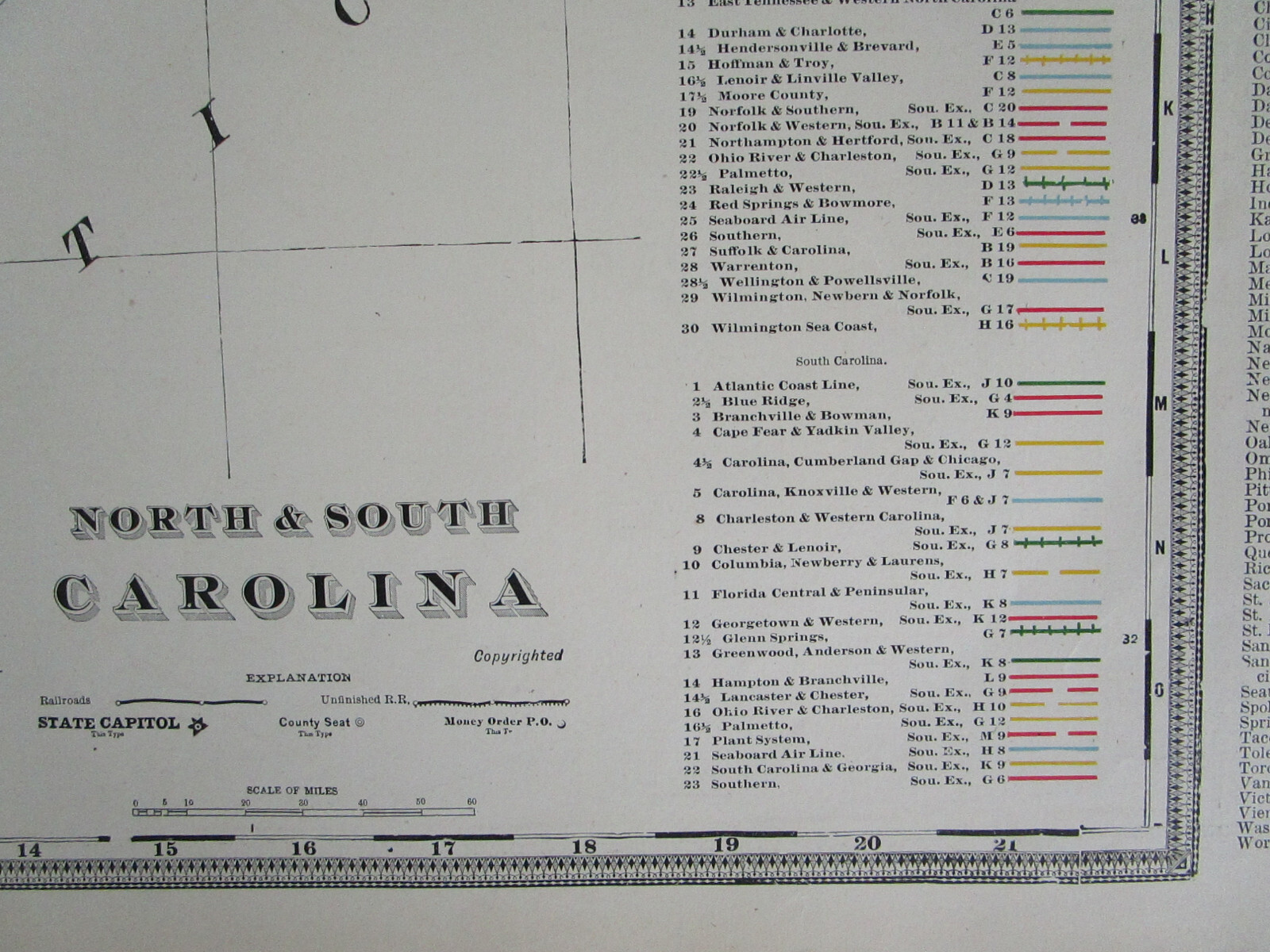 NC SC 1897 NORTH / SOUTH CAROLINA Cram RAILROAD Map. RED SPRINGS & BOWMORE RR