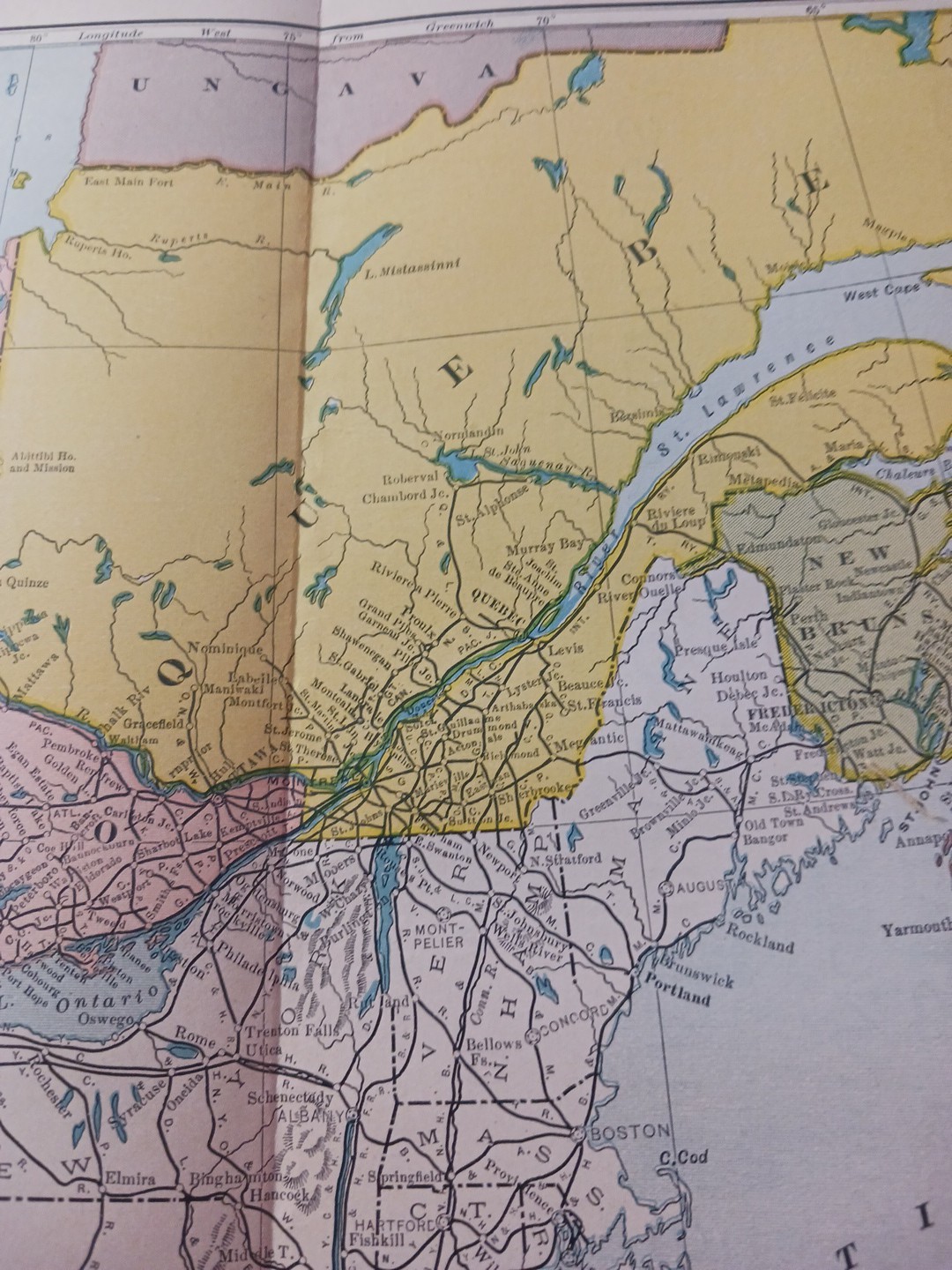 1905 Train Route Map Canada East Section all Railroad Lines Quebec Ontario 11×9″
