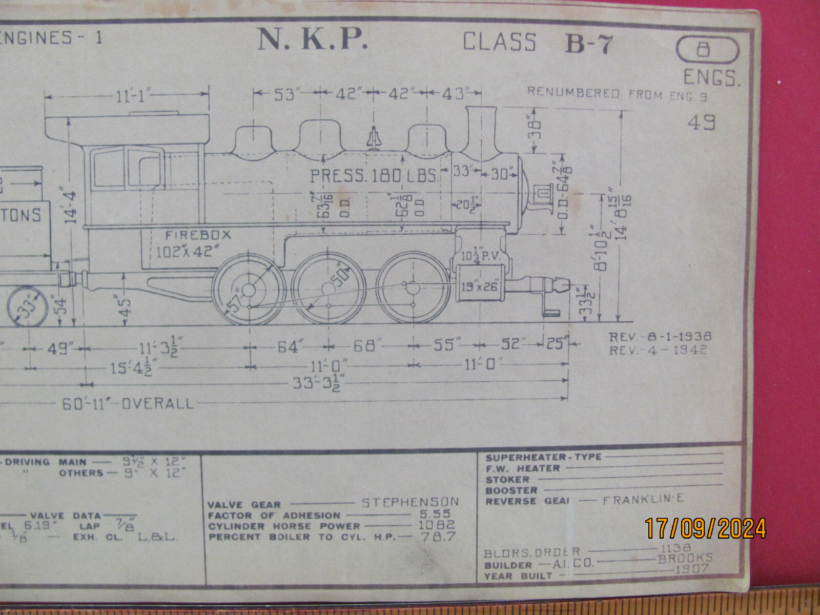 NICKLE PLATE ROAD RAILROAD ORIG 1943 DIAGRAM LOCOMOTIVE #49 CLASS B-7 0-6-0