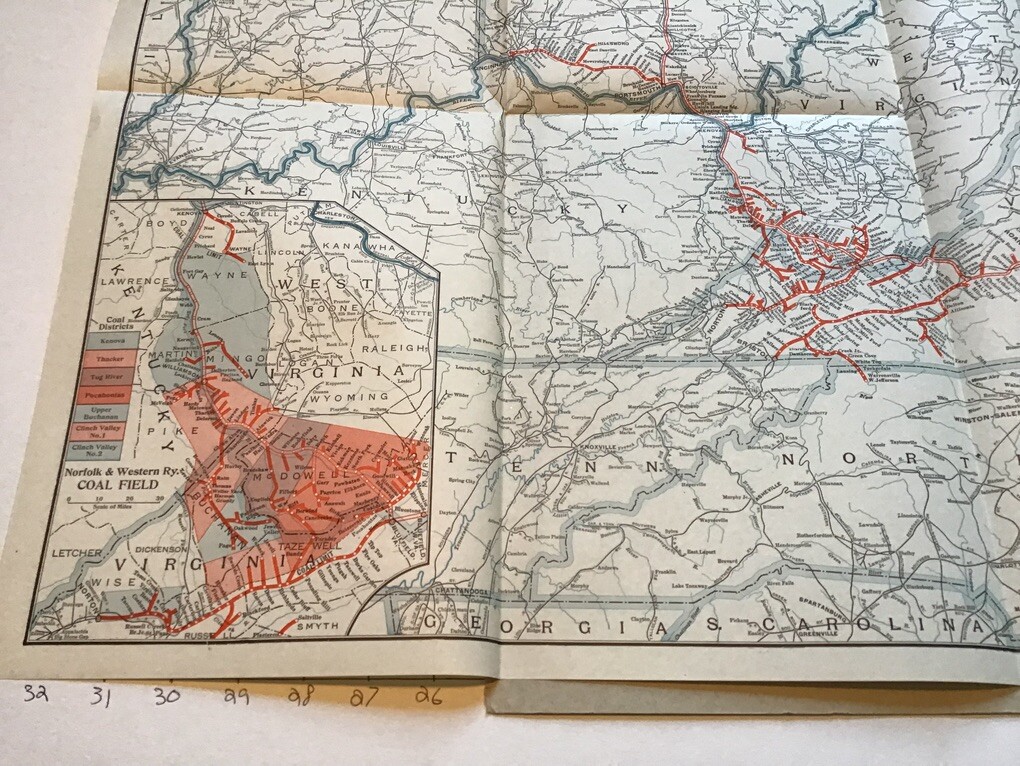 vintage railroad map: 33×22″ NORFOLD & WESTERN Railway dec 31, 1942