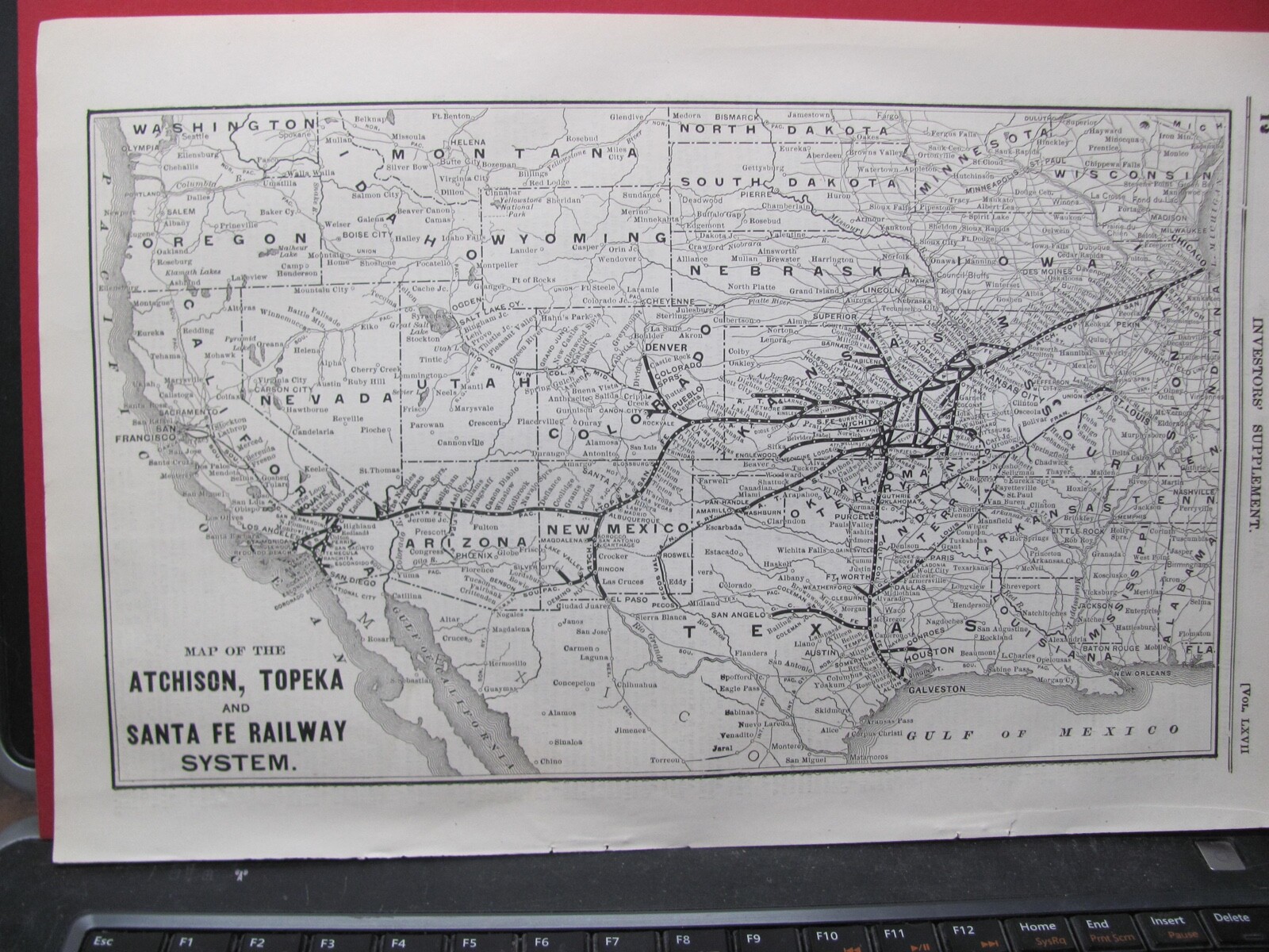 ORIGINAL 1898 ATCHISON TOPEKA & SANTA FE RAILROAD SYSTEM MAP in TEXAS KANSAS CA