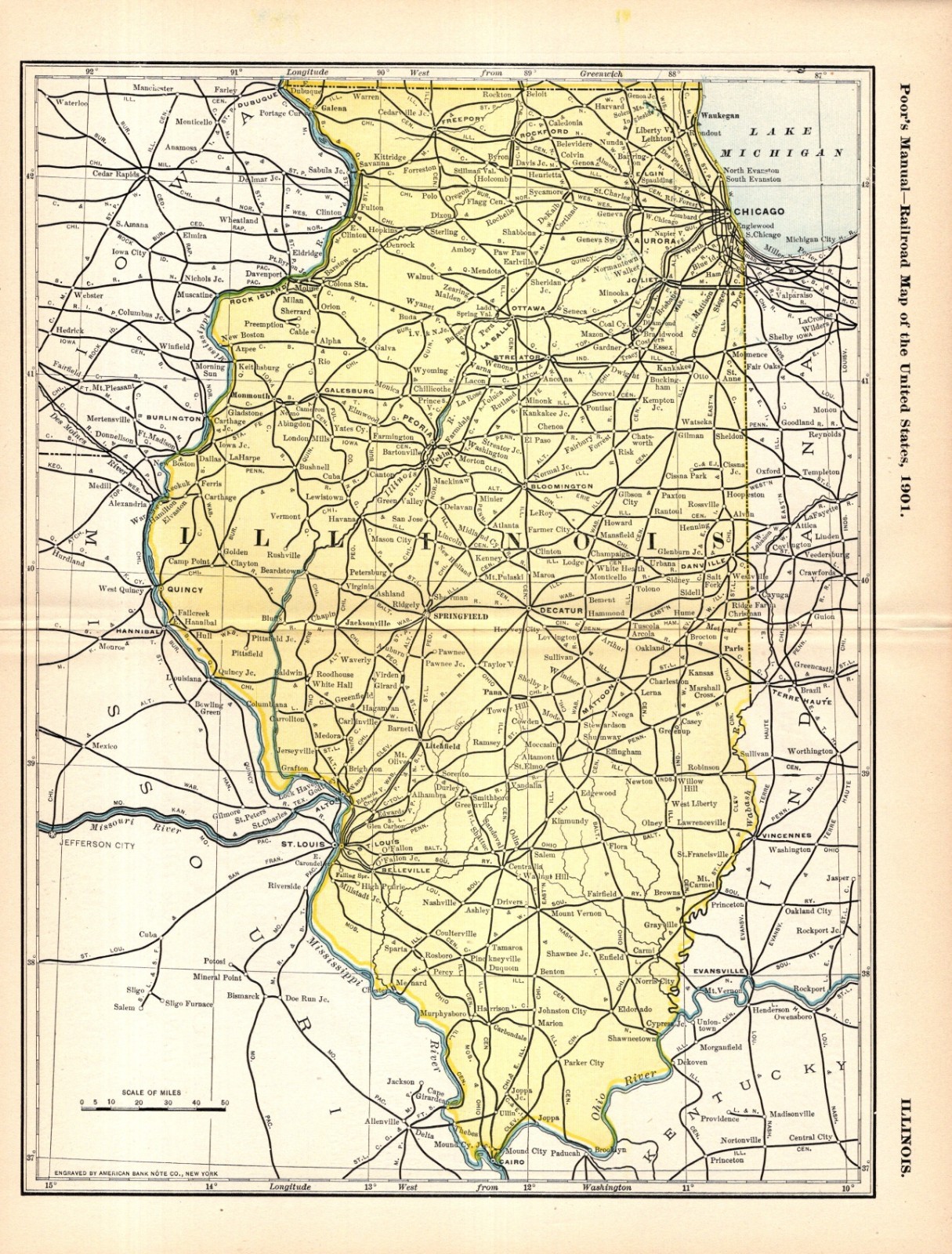1901 Antique Illinois Railroad Map Pennsylvania L & N Illinois Central 2688
