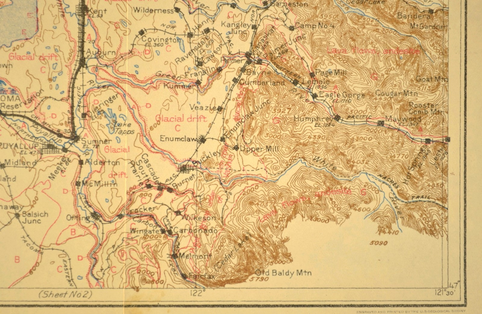 1915 Antique Southern Pacific Railroad Map Seattle Washington Tacoma WA Geologic