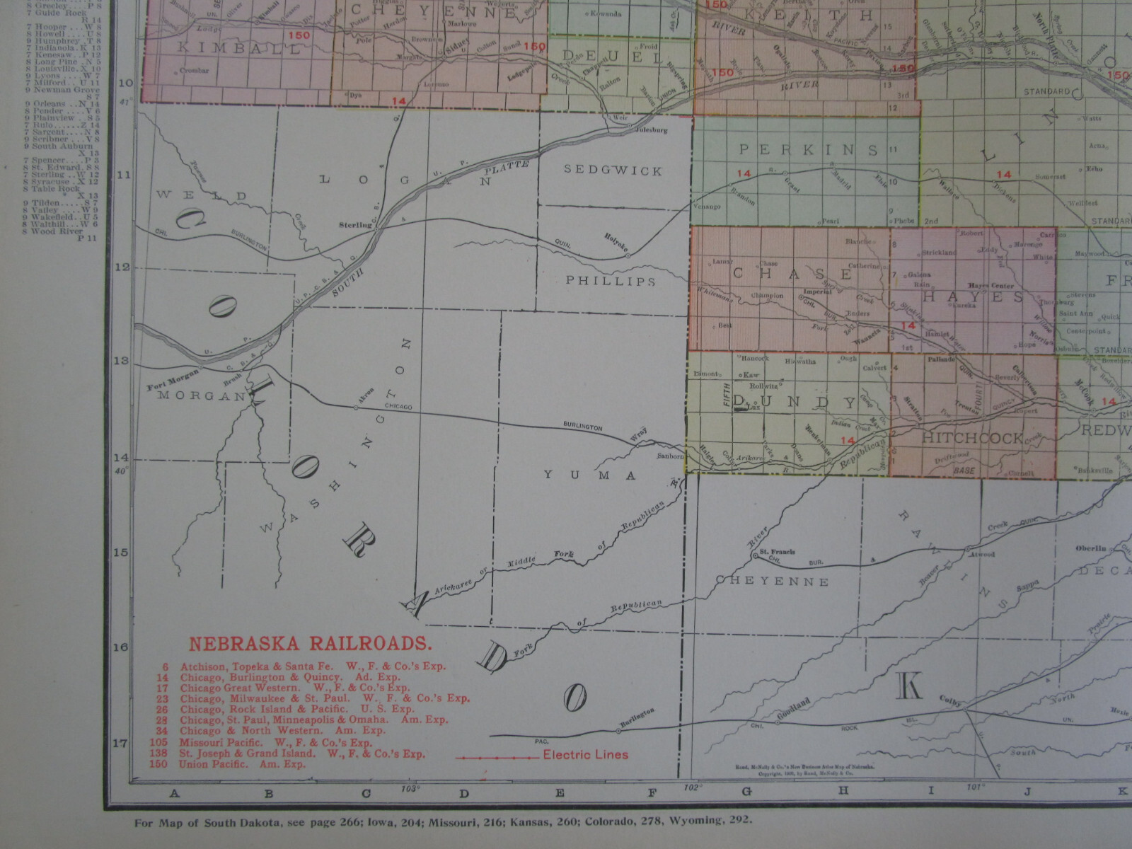 NE ANTIQUE 1912 DATED NEBRASKA RAILROAD Map. ST JOSEPH & GRAND ISLAND RR, ATSF