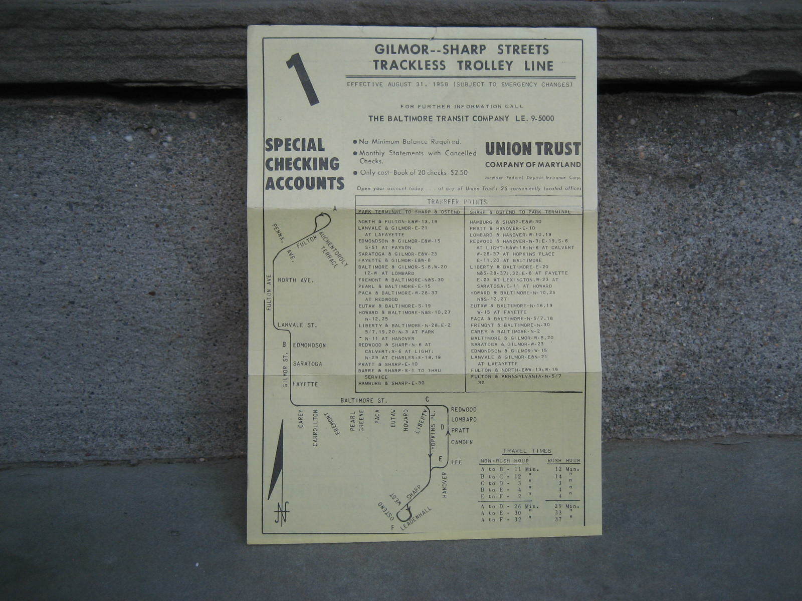 1957 & 1958 Gilmor Sharp Street Trackless Trolley Line Map and Time Tables