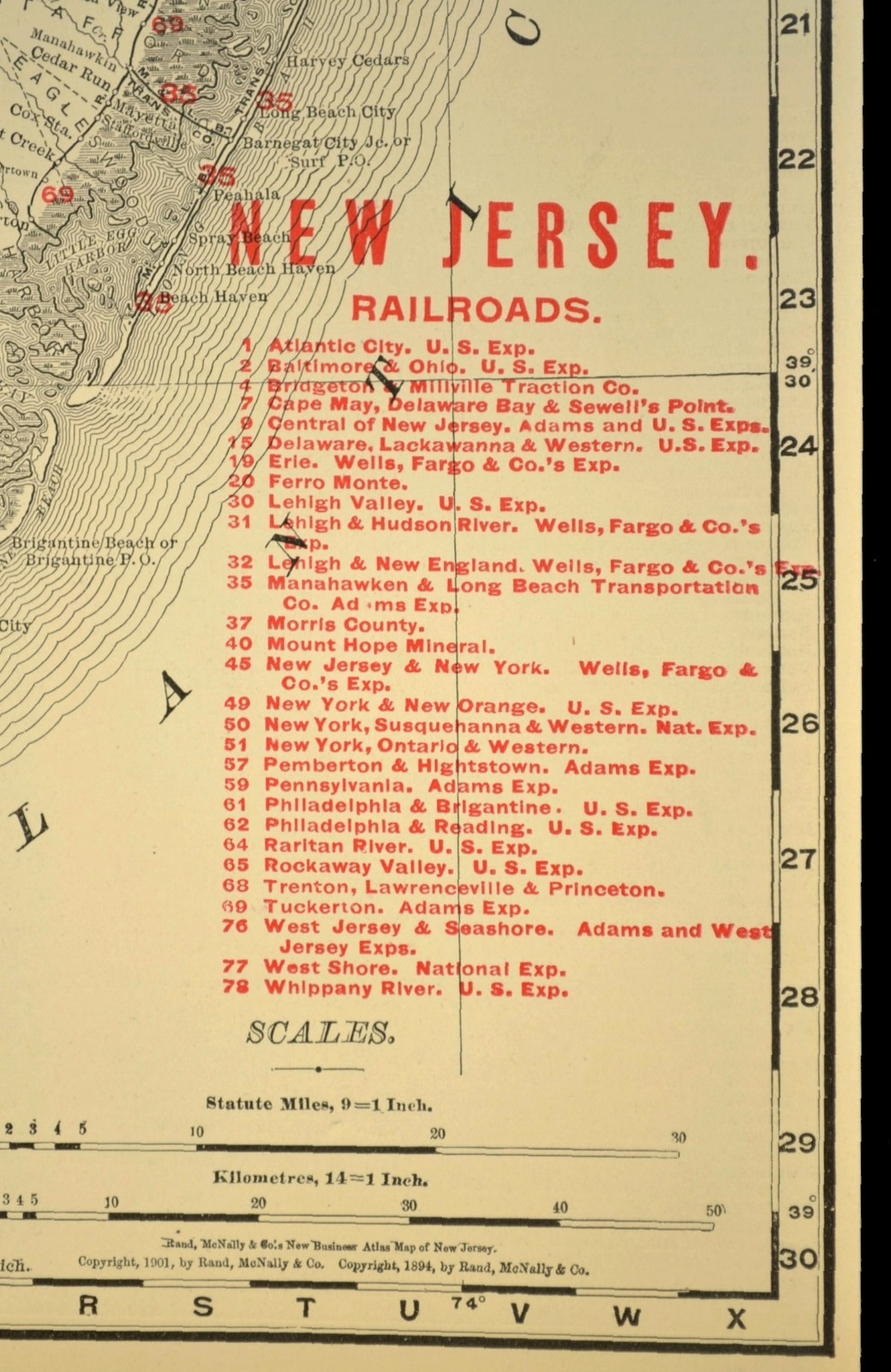1901 Antique New Jersey Railroad Map Large Atlas West Jersey & Seashore RR DATED