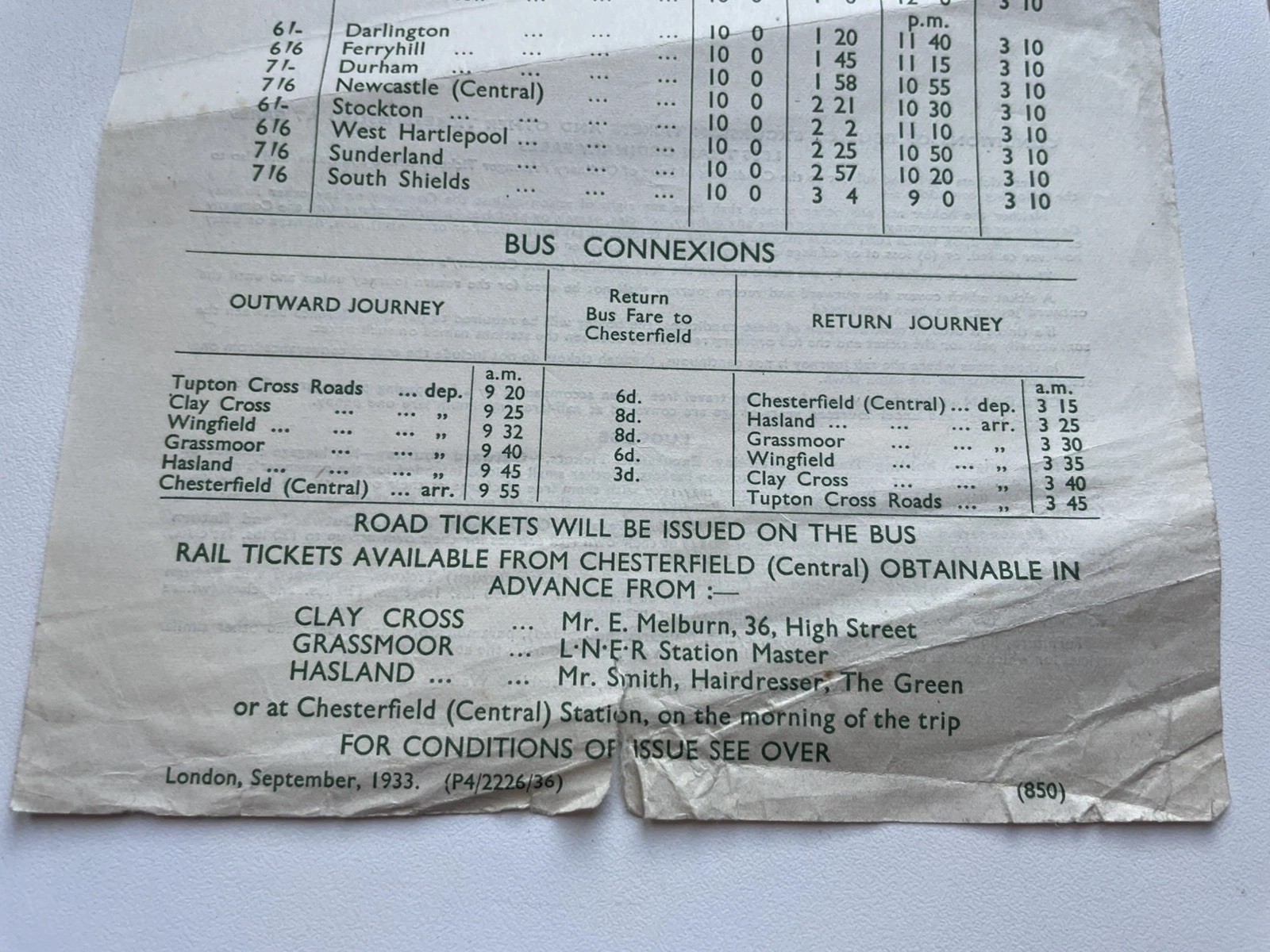 2 x 1930s LNER train timetables for Chesterfield, Sheffield, Barnsley