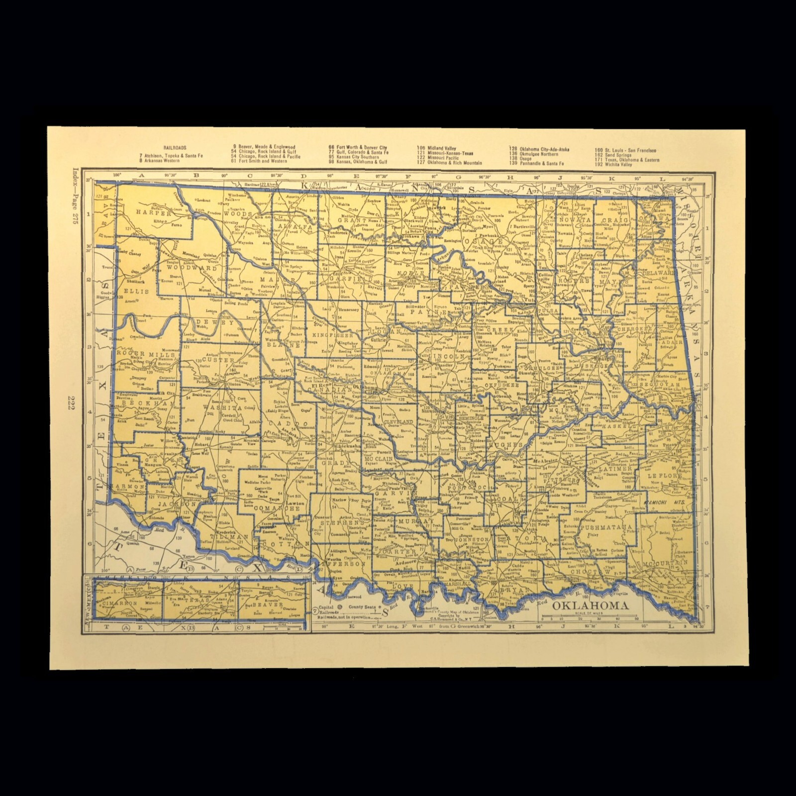 ca1938 OKLAHOMA Railroad Map Depot Towns AT&SF RR Historic Original Atlas Map