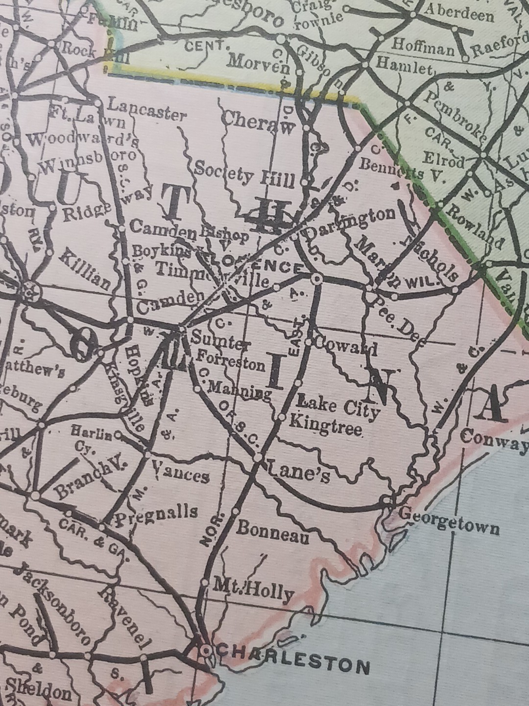 ~1898 Railroad Map Mid Atlantic Virginia Maryland WV SC NC DE Train Routes 11×9″