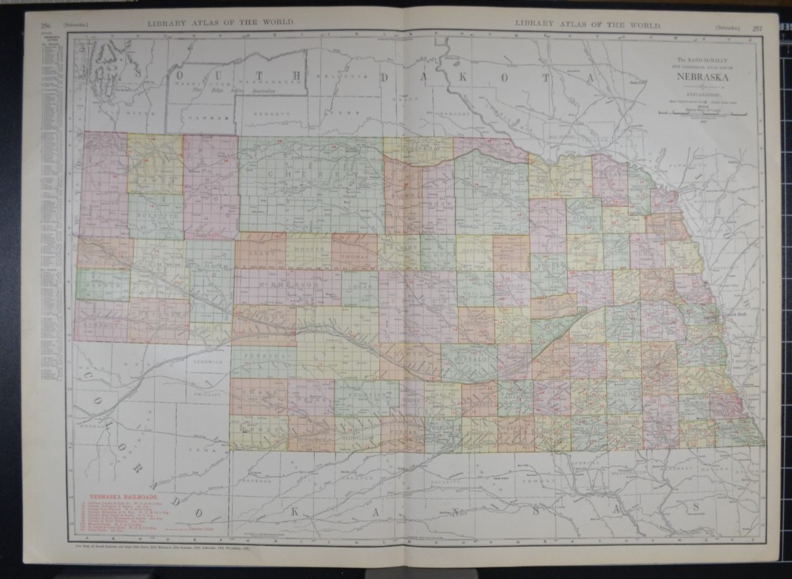 NEBRASKA – 1912 – RAND-McNALLY NEW COMMERCIAL ATLAS – SHOWS RAILROADS