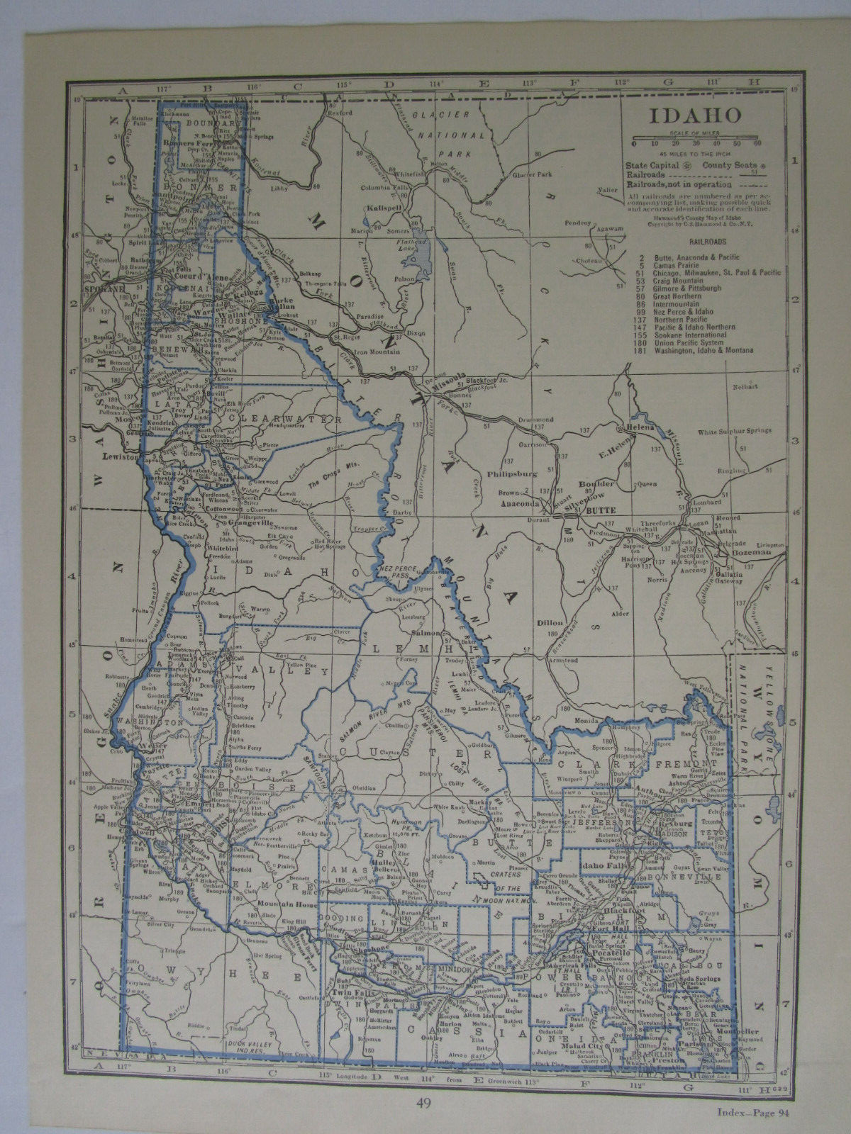IL ID 1931 ILLINOIS RAILROAD Map McCOMB, INDUSTRY, & LITTLETON RR ~or~ IDAHO