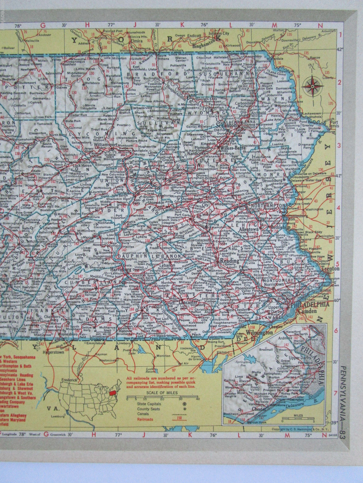 SC PA Vtg 1951 SOUTH CAROLINA RAILROAD MAP. PENNSYLVANIA 1950s Mid Century RR