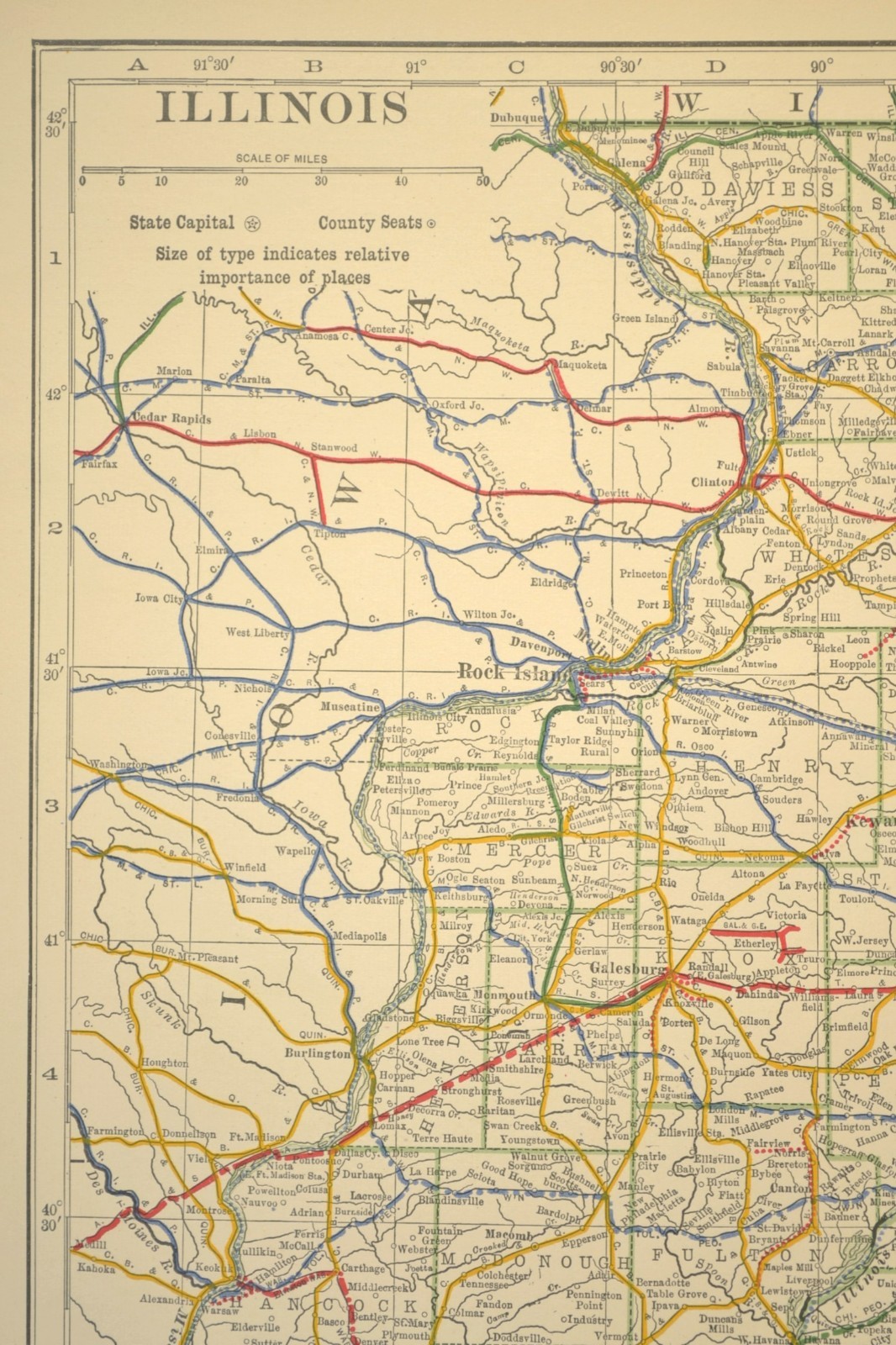 1914 Antique Map of ILLINOIS Railroads Map ORIGINAL Atlas Map DATED