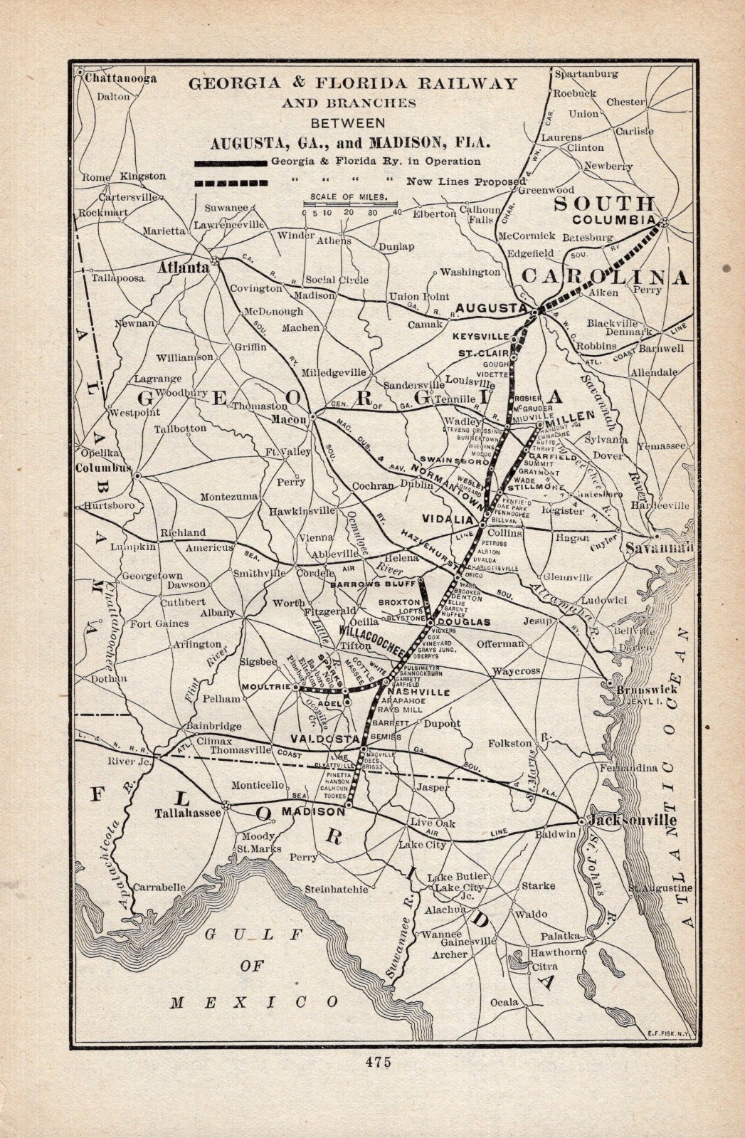 1912 Georgia & Florida Railway Map Augusta Georgia to Madison Florida 2443