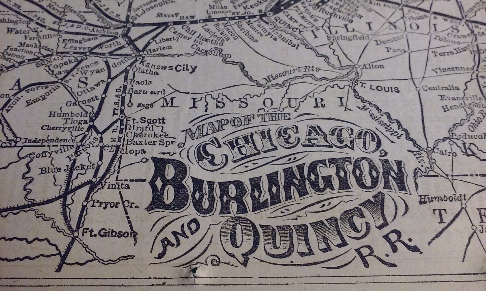Rare 1876 CHICAGO, BURLINGTON and QUINCY Railroad Print Map & Routes