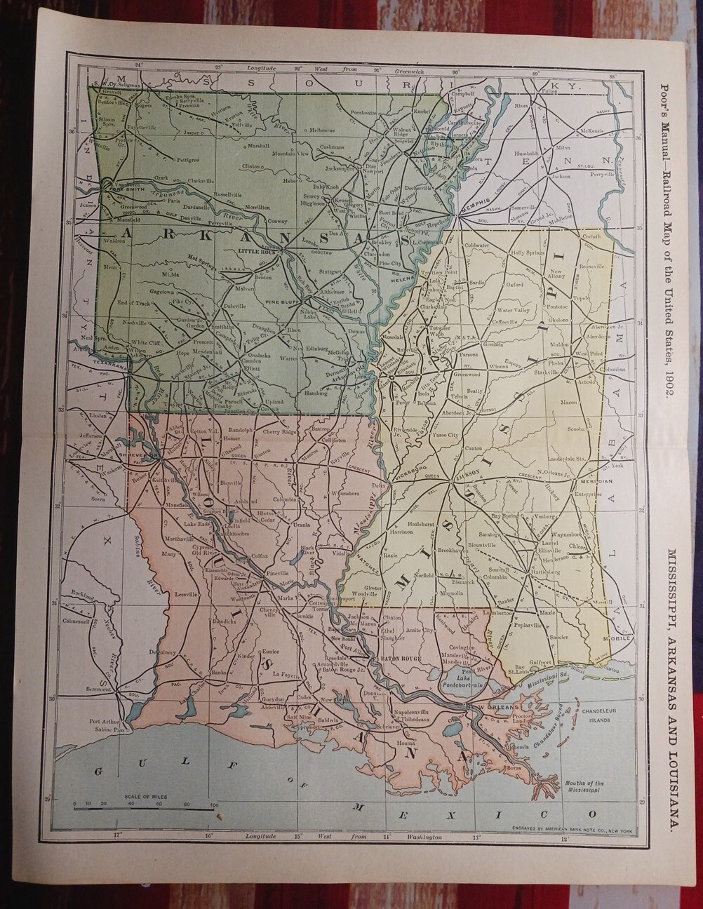 1902 Train Route Map ARKANSAS Mississippi LA all Railroad Lines Stations 11×9″