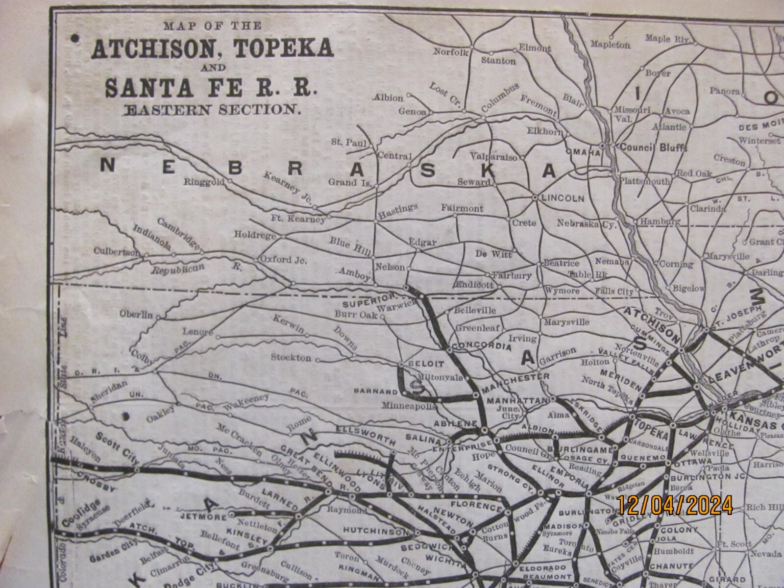 1890 ATCHISON TOPEKA & SANTA FE RAILROAD EASTERN SECT. ORIGINAL SYSTEM ROUTE MAP