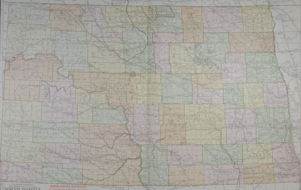 NORTH DAKOTA – 1912 – RAND-McNALLY NEW COMMERCIAL ATLAS – SHOWS RAILROADS