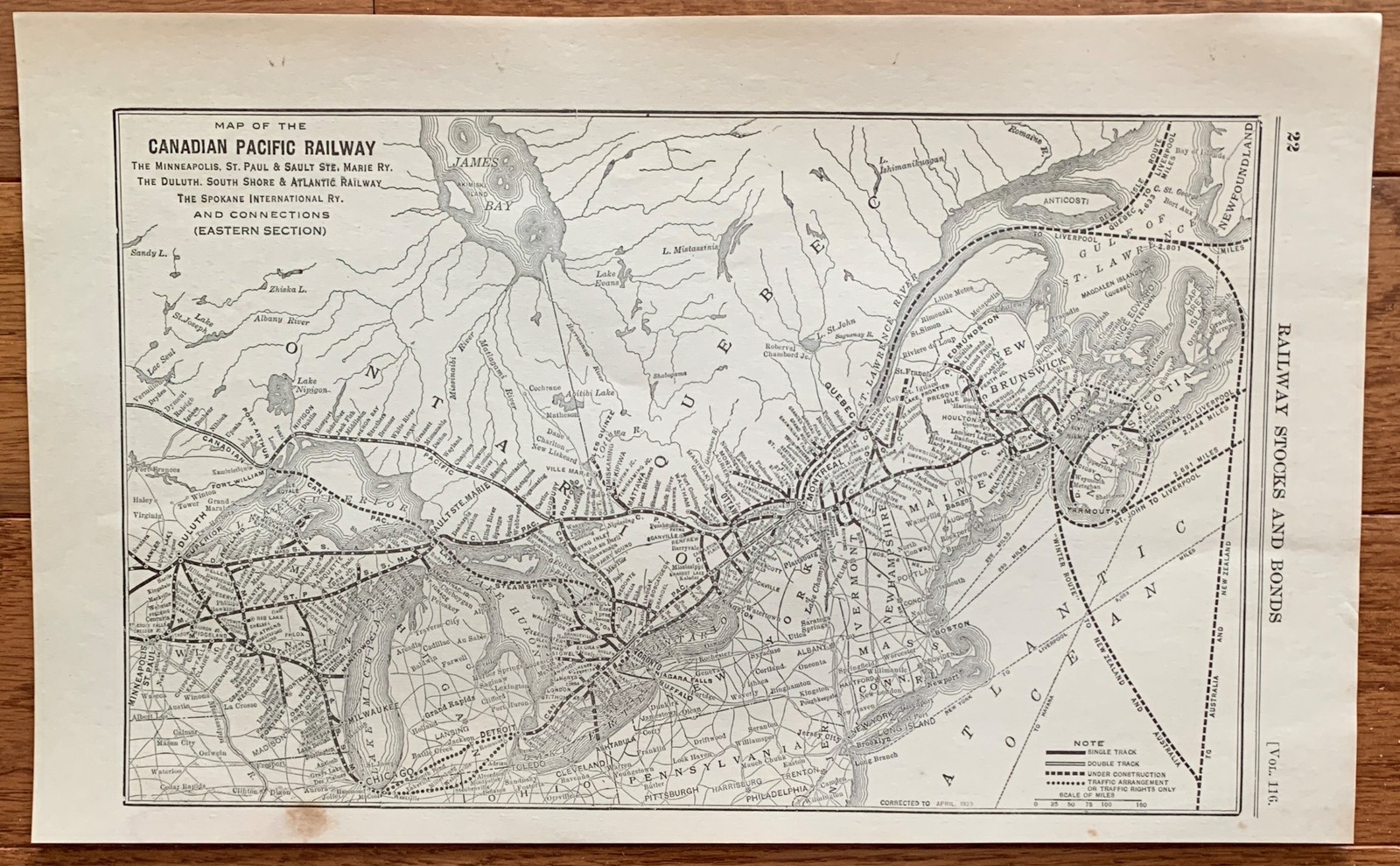 1923 Antique CANADIAN PACIFIC EASTERN SECTION Map Vintage RAILWAY Map