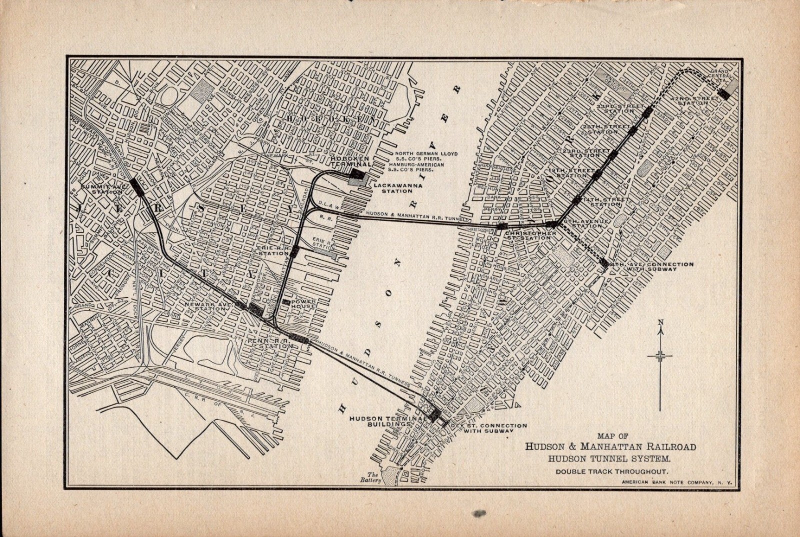 1910 Hudson & Manhattan Railroad Vintage Railway Map 1379